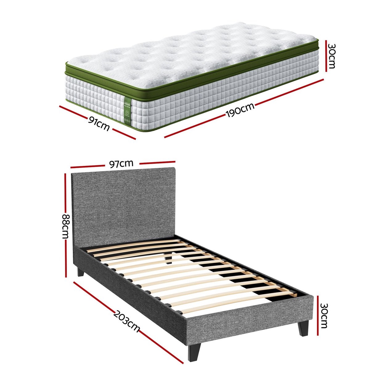TWSC BedStory Single Bed Frame and Mattress Set, 30cm Hybrid Cooling Gel Mattress with Grey Upholstered Wooden Platform Base, Modern Bedroom Furniture Bundle