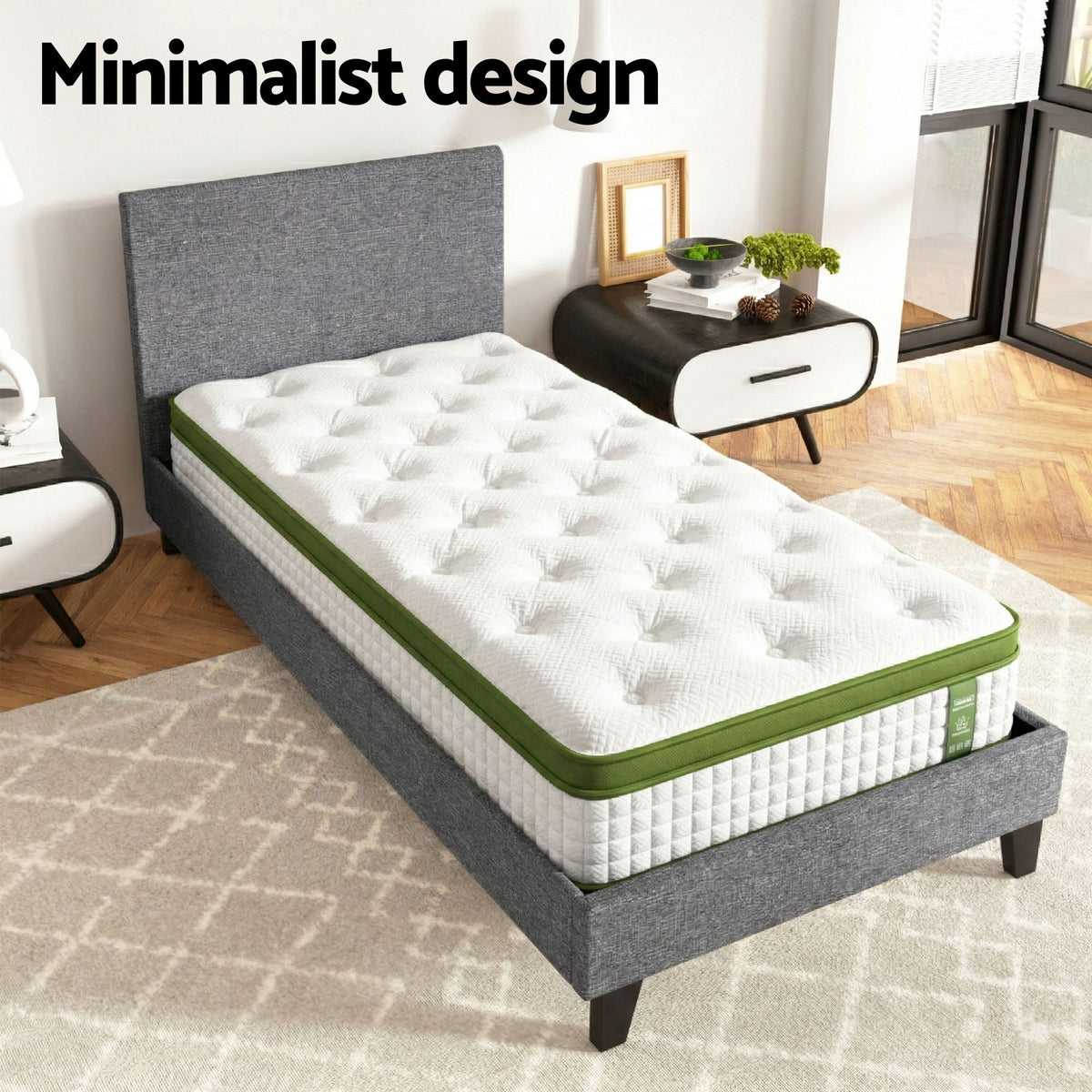 TWSC BedStory Single Bed Frame and Mattress Set, 30cm Hybrid Cooling Gel Mattress with Grey Upholstered Wooden Platform Base, Modern Bedroom Furniture Bundle