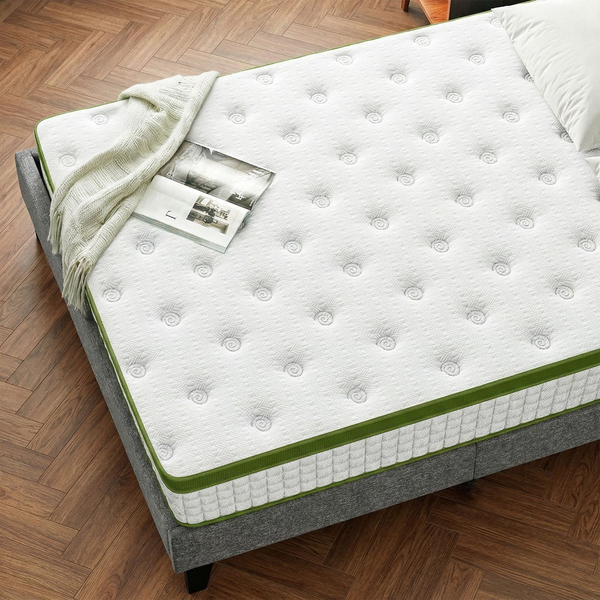 TWSC BedStory Single Bed Frame and Mattress Set, 30cm Hybrid Cooling Gel Mattress with Grey Upholstered Wooden Platform Base, Modern Bedroom Furniture Bundle
