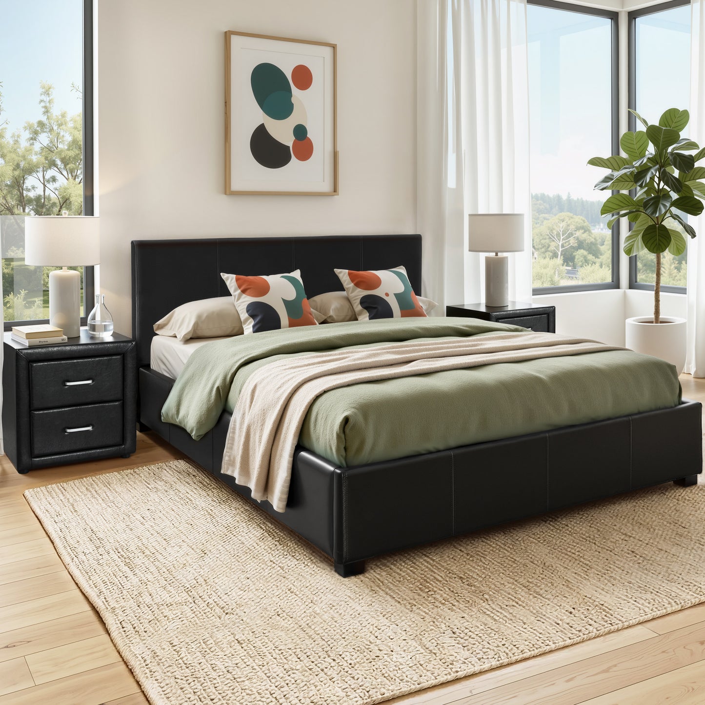 Gas Lift Queen Bed Frame with Storage and Black Leather Bedside Table Set