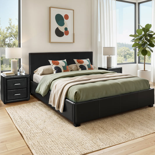 Gas Lift Queen Bed Frame with Storage and Black Leather Bedside Table Set