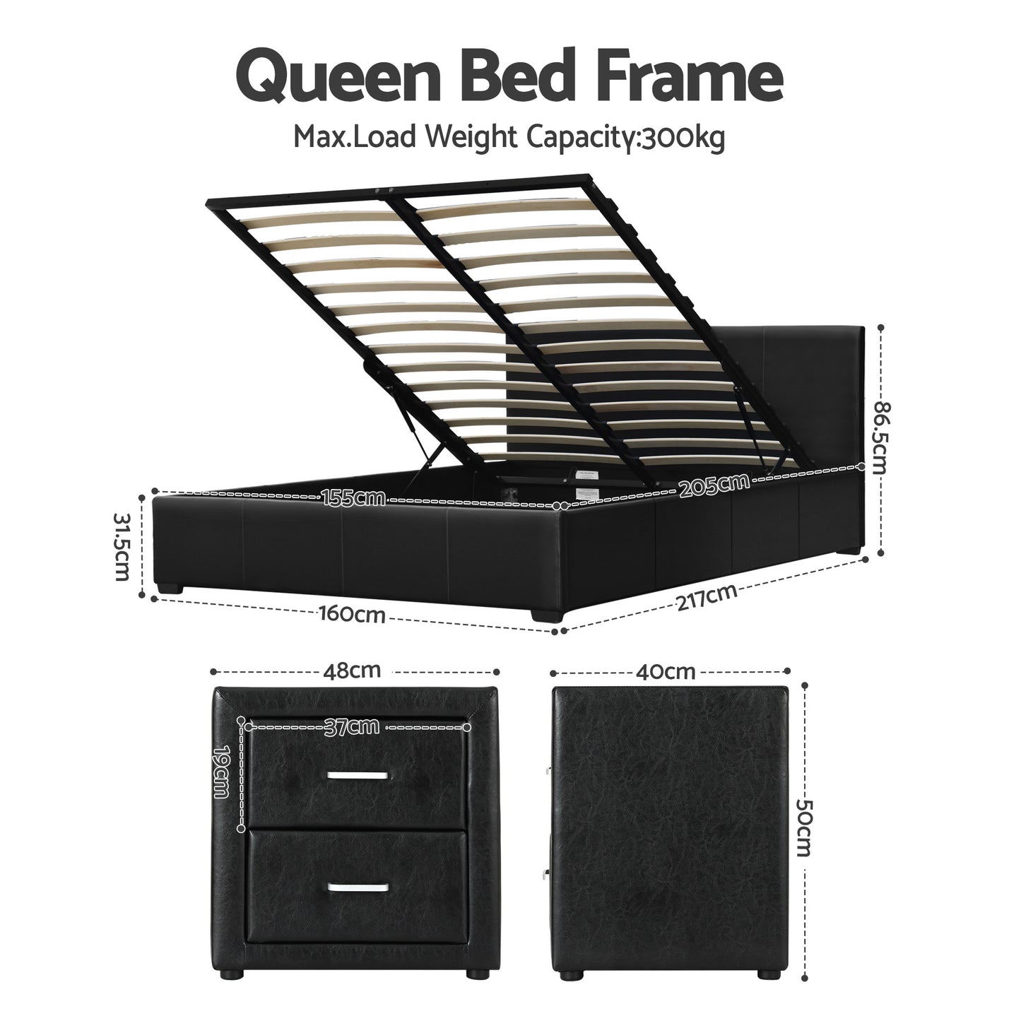 Gas Lift Queen Bed Frame with Storage and Black Leather Bedside Table Set