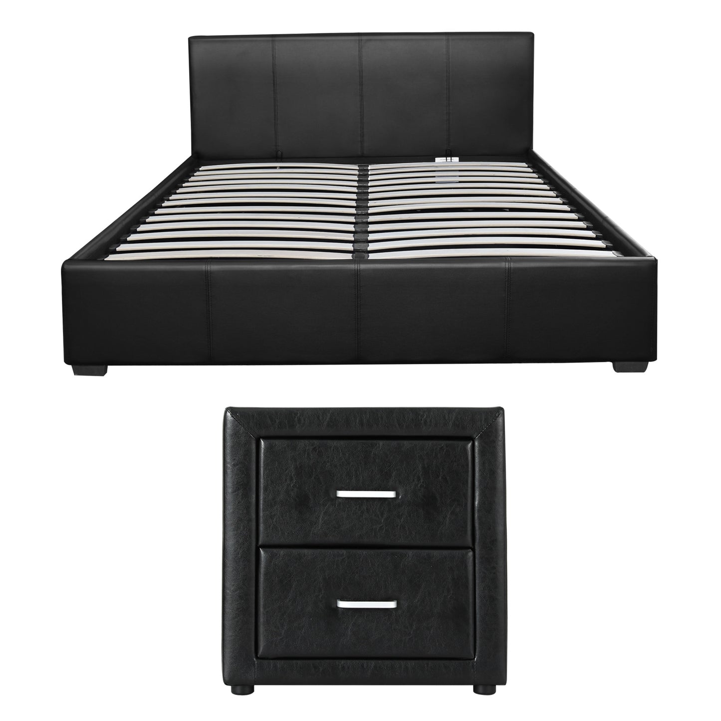 Gas Lift Queen Bed Frame with Storage and Black Leather Bedside Table Set