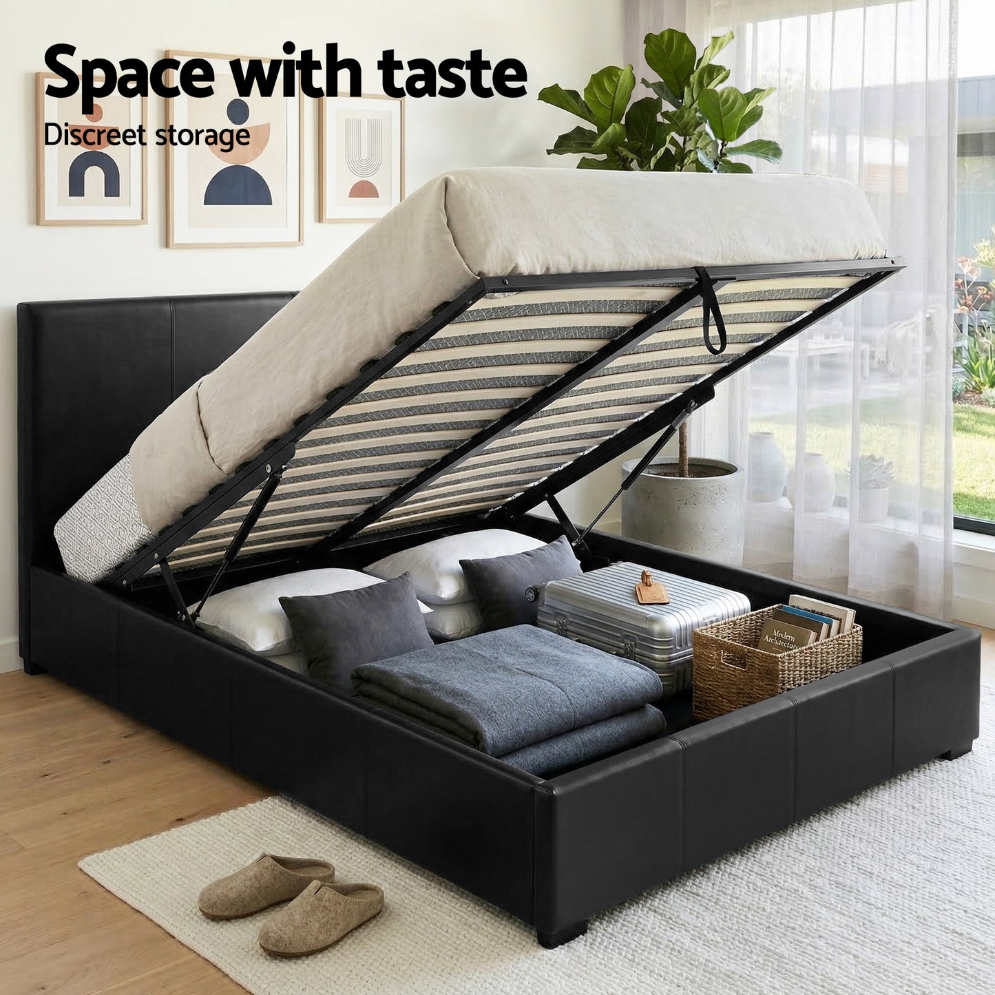 Gas Lift Queen Bed Frame with Storage and Black Leather Bedside Table Set