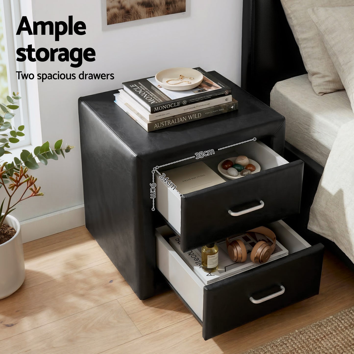 Gas Lift Queen Bed Frame with Storage and Black Leather Bedside Table Set