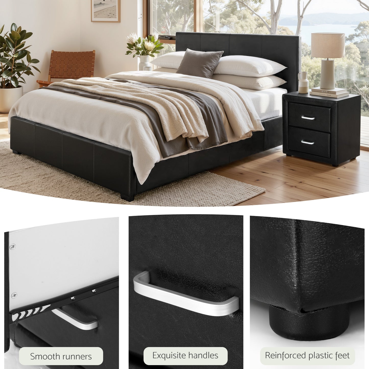 Gas Lift Queen Bed Frame with Storage and Black Leather Bedside Table Set