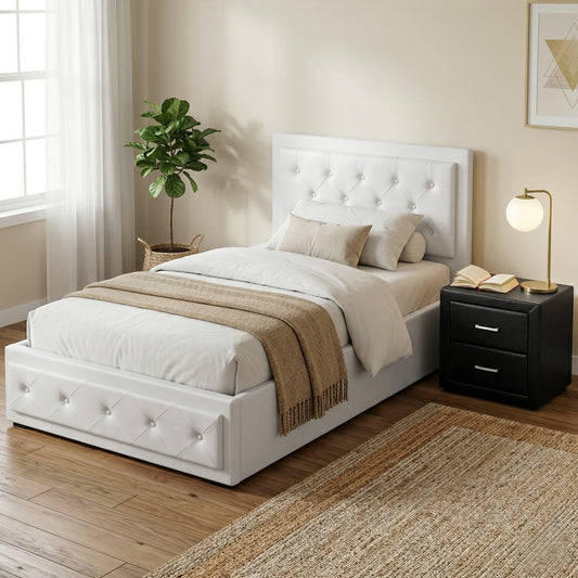 King Single Gas Lift Bed Frame with White Leather and Black Bedside Table Set