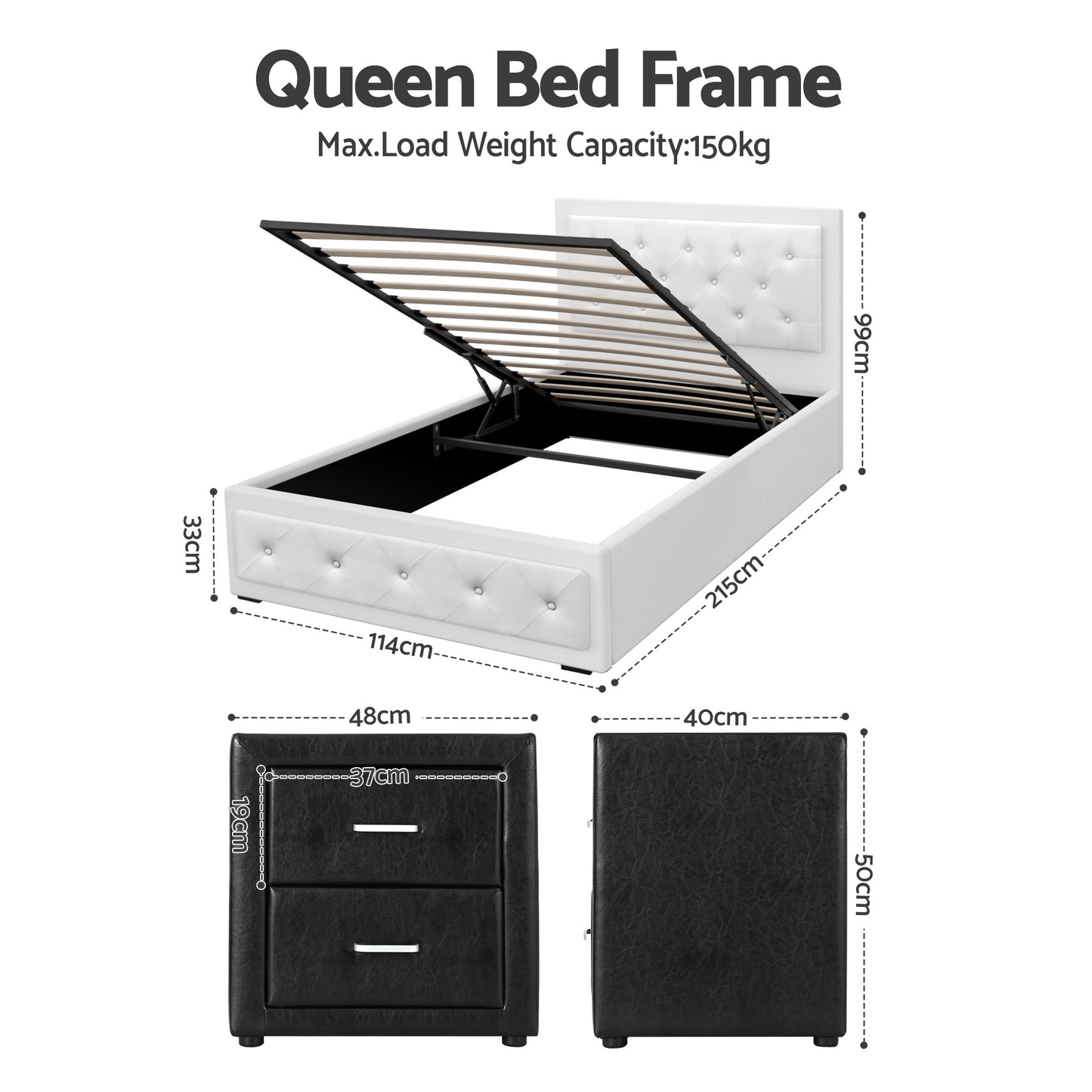 King Single Gas Lift Bed Frame with White Leather and Black Bedside Table Set