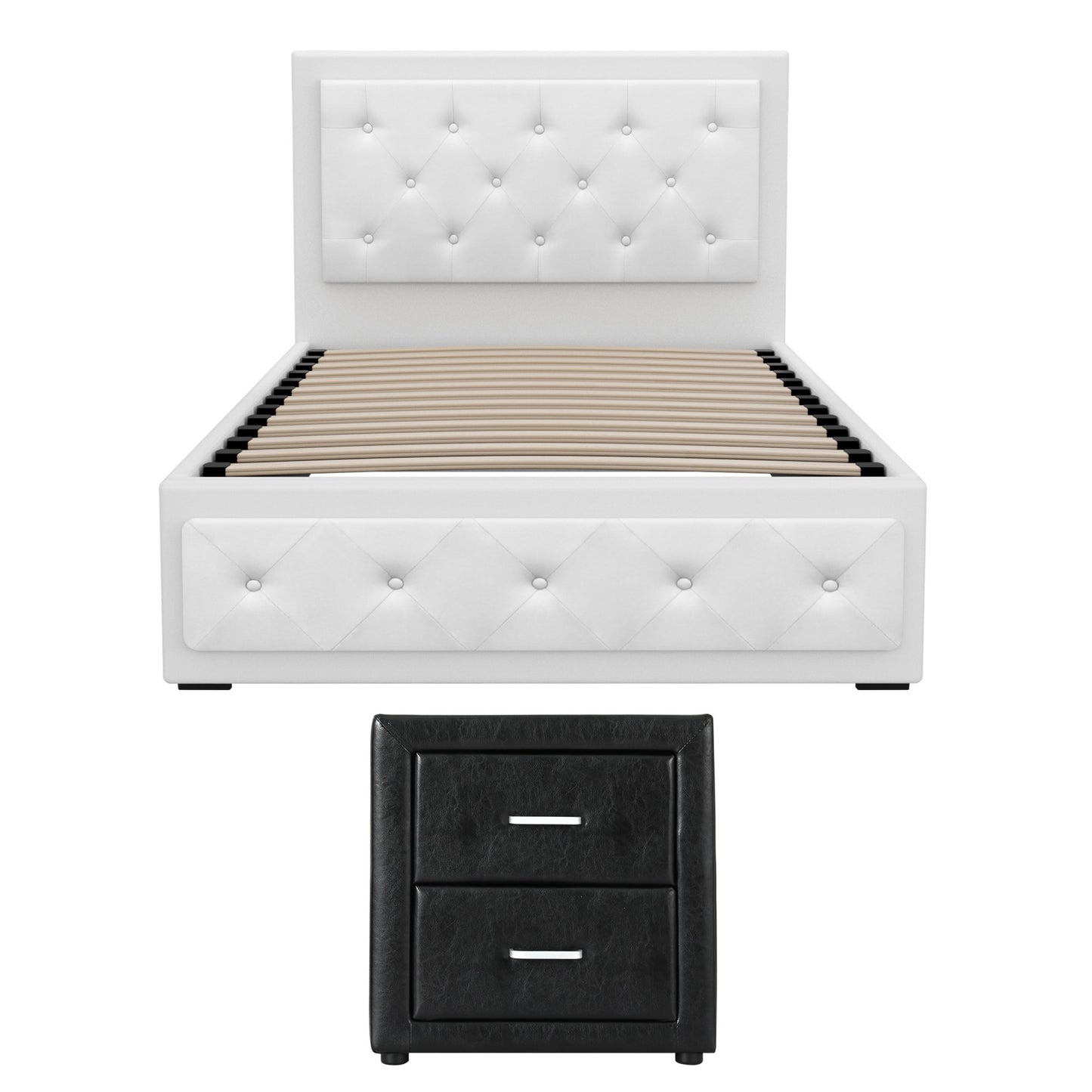King Single Gas Lift Bed Frame with White Leather and Black Bedside Table Set