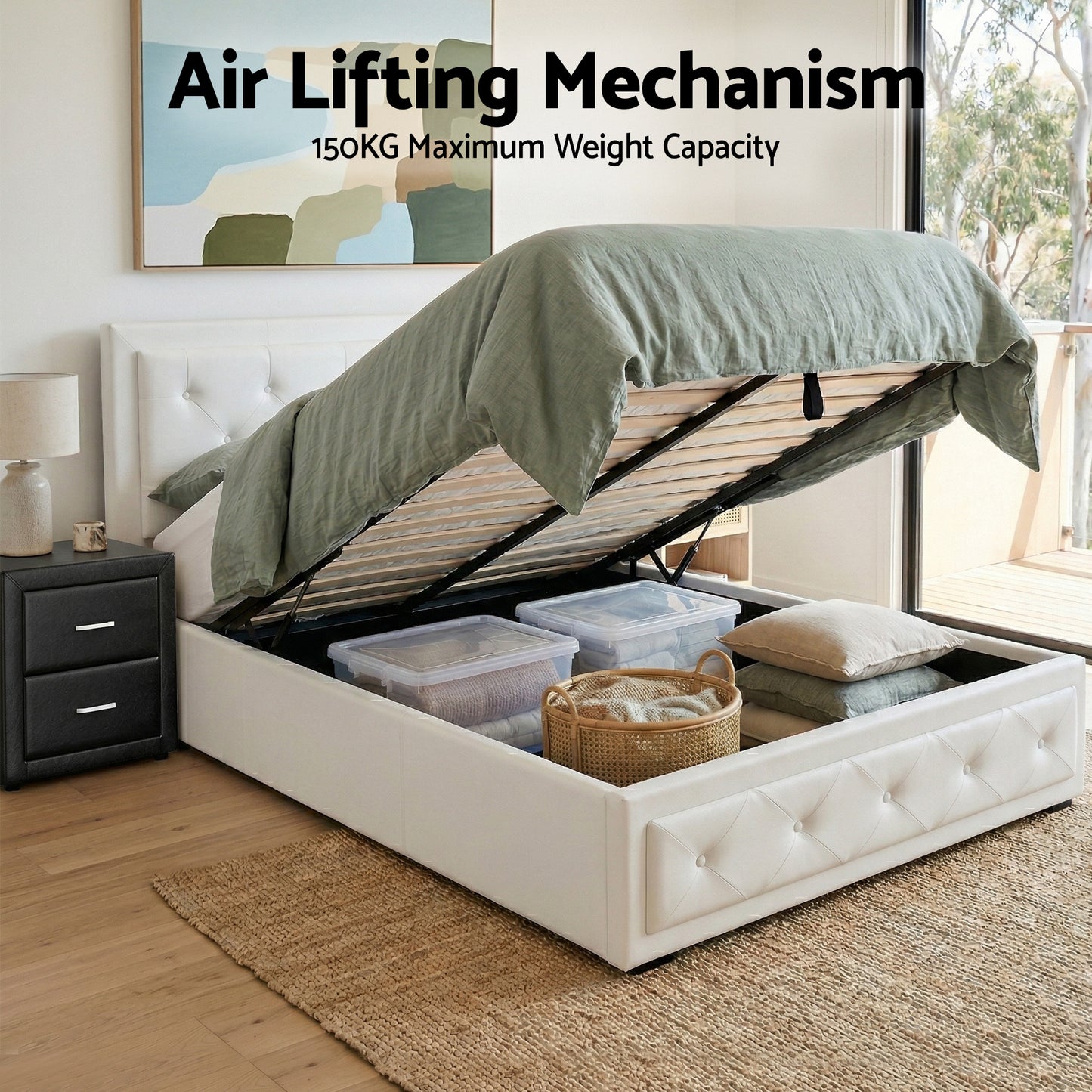 King Single Gas Lift Bed Frame with White Leather and Black Bedside Table Set