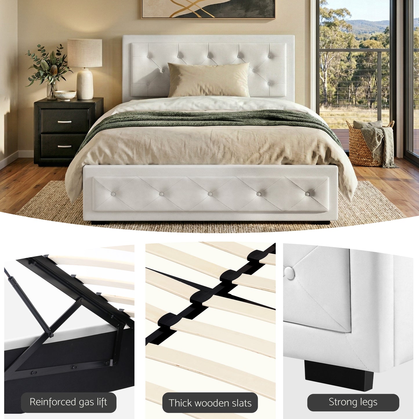 King Single Gas Lift Bed Frame with White Leather and Black Bedside Table Set