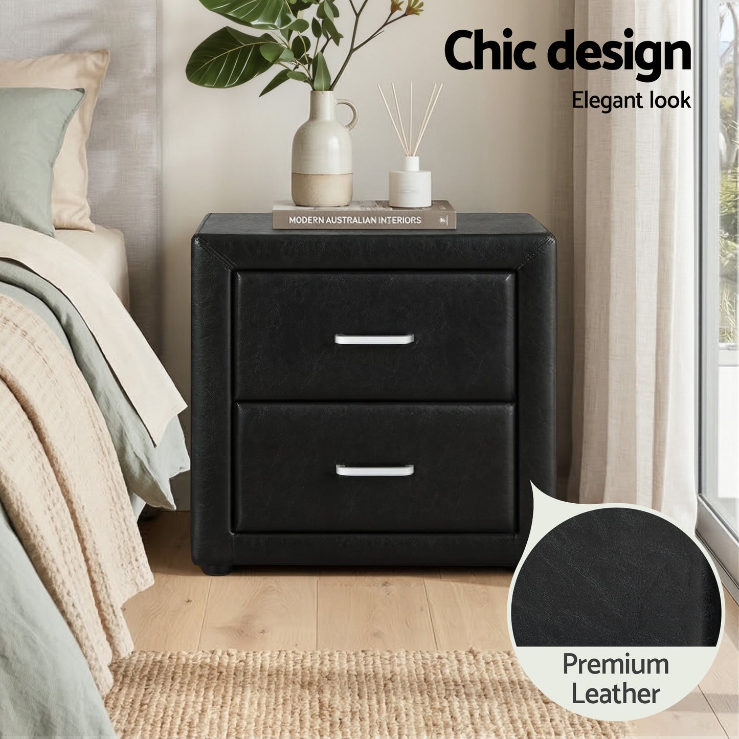 King Single Gas Lift Bed Frame with White Leather and Black Bedside Table Set