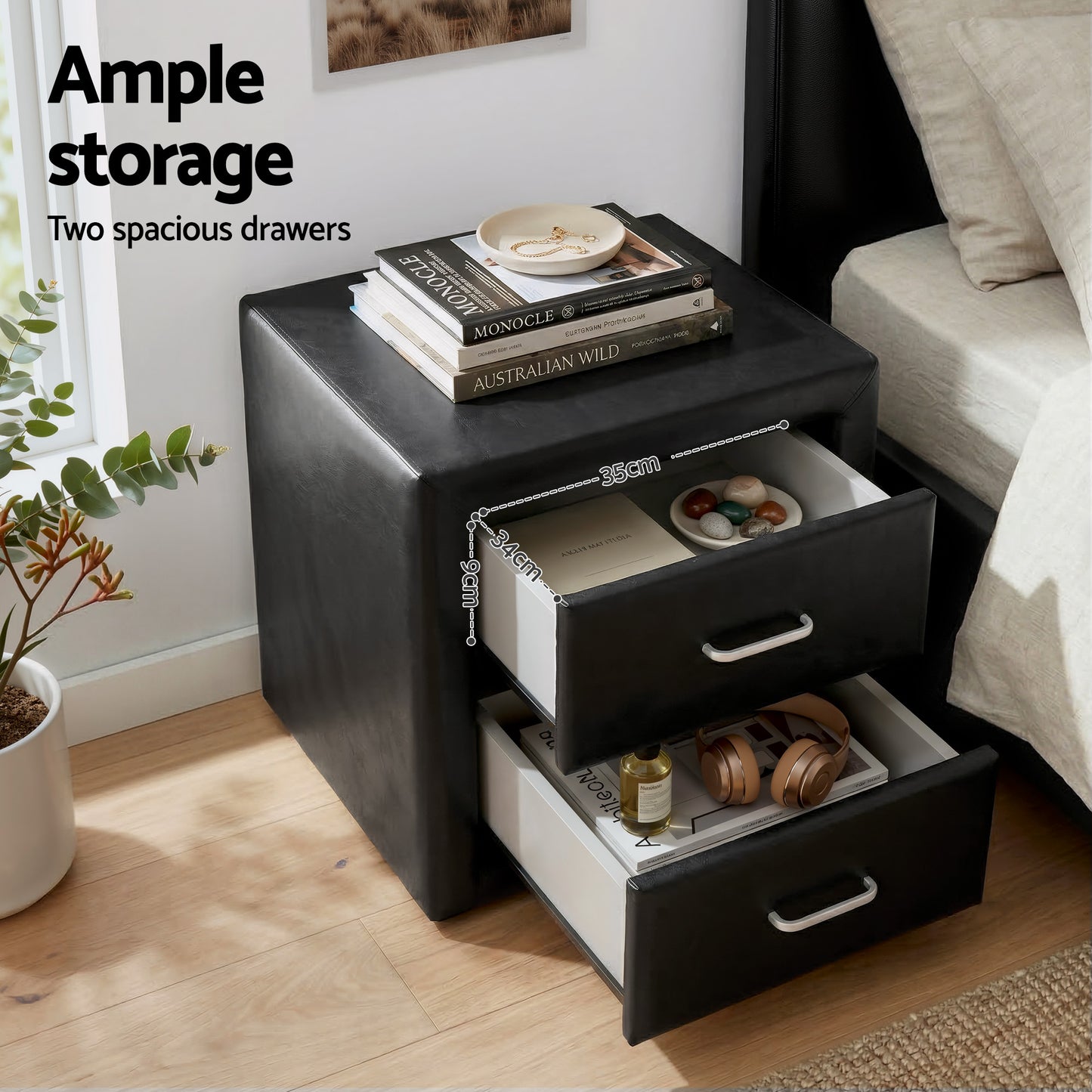 King Single Gas Lift Bed Frame with White Leather and Black Bedside Table Set