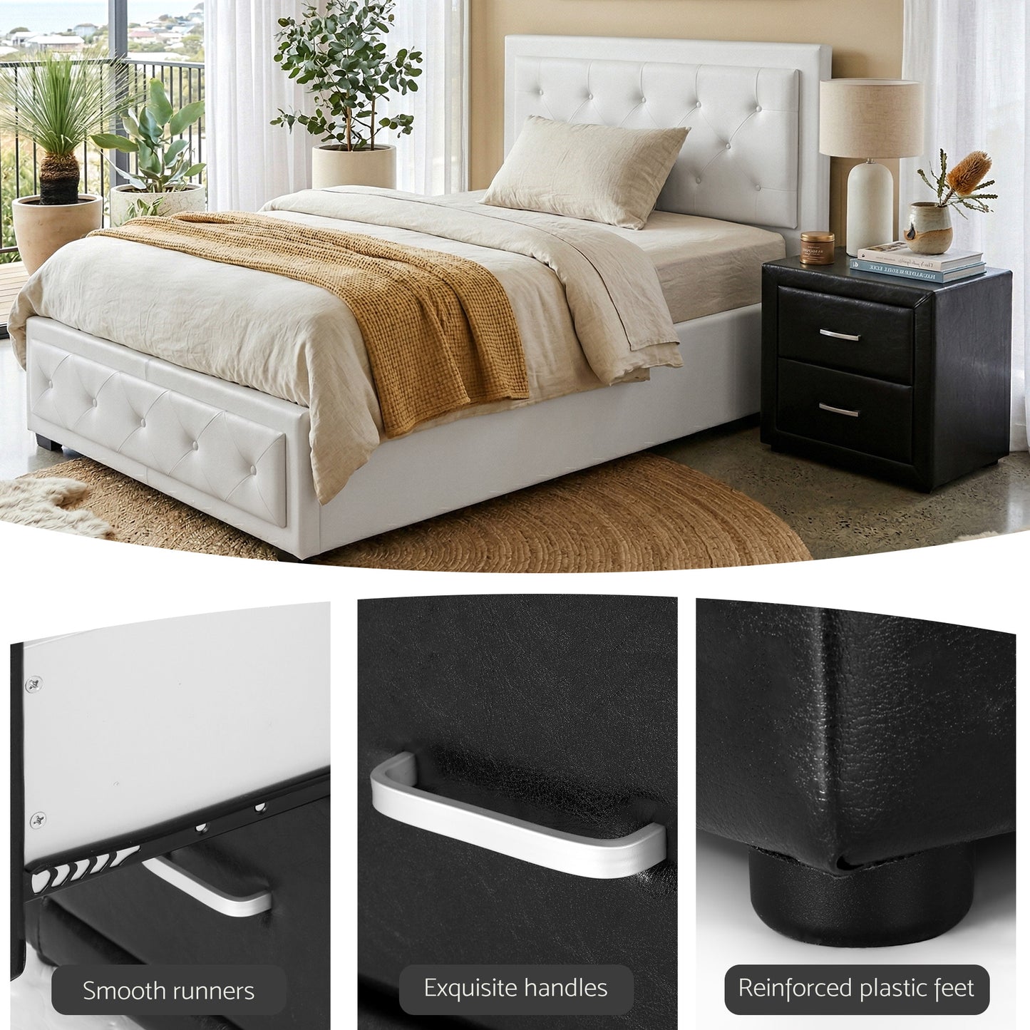 King Single Gas Lift Bed Frame with White Leather and Black Bedside Table Set