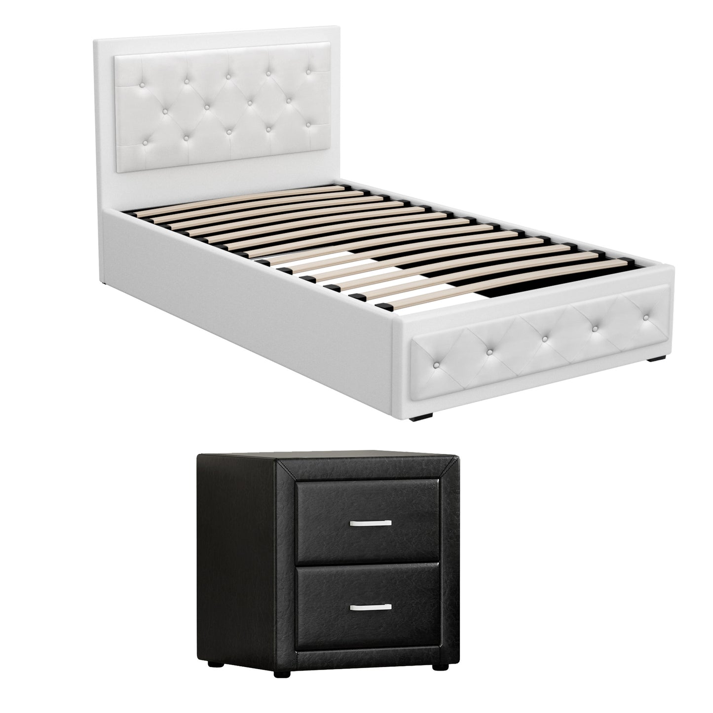 King Single Gas Lift Bed Frame with White Leather and Black Bedside Table Set