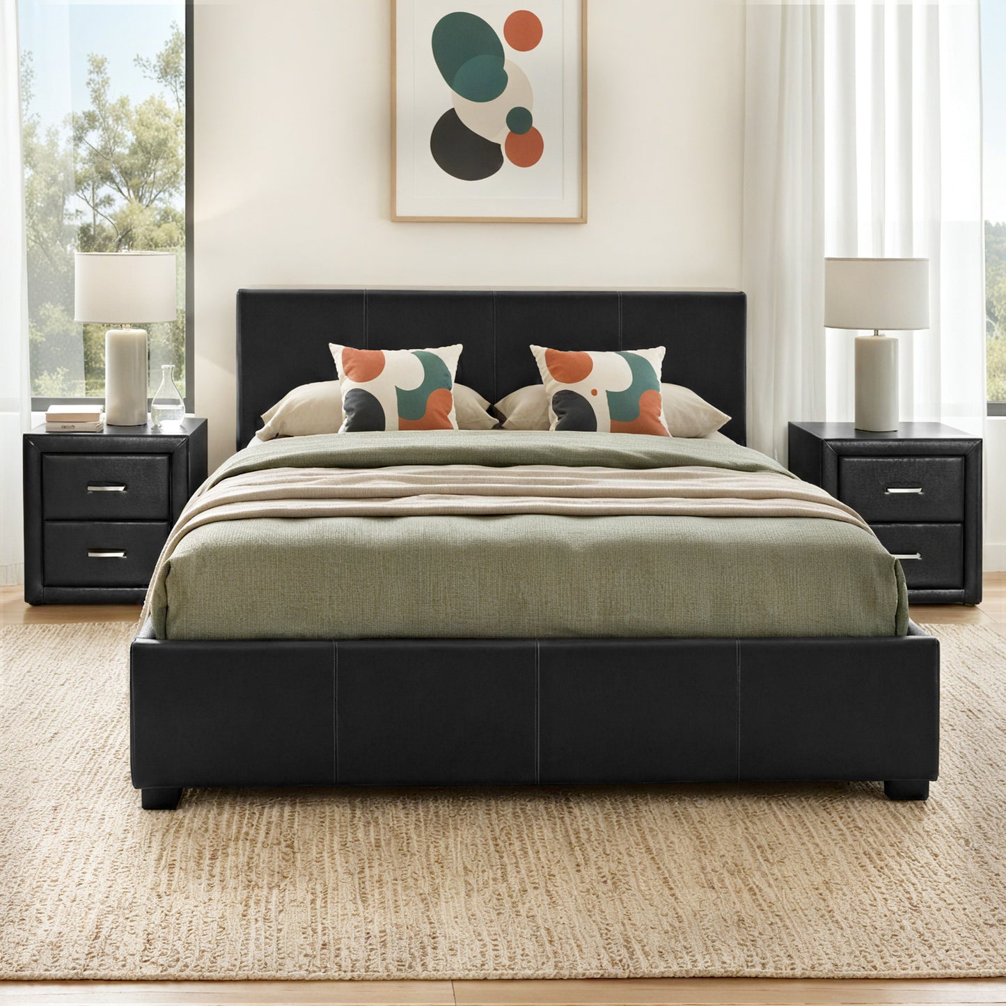 Gas Lift Queen Bed Frame with 2 Black Leather Bedside Tables
