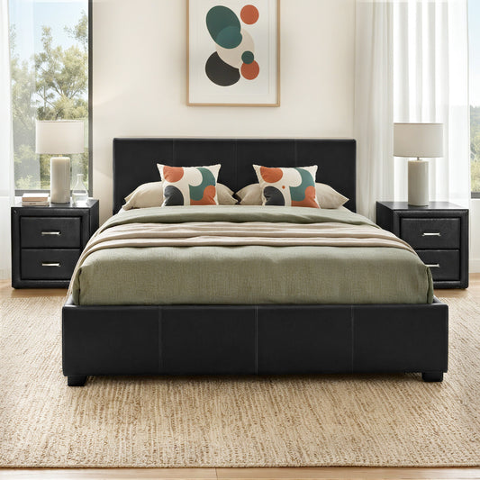 Gas Lift Queen Bed Frame with 2 Black Leather Bedside Tables