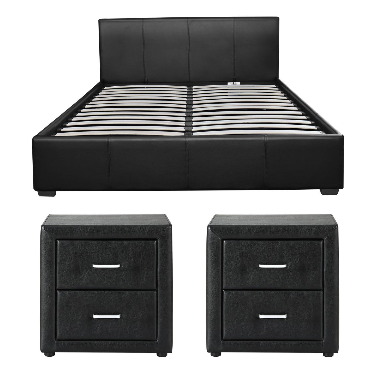 Gas Lift Queen Bed Frame with 2 Black Leather Bedside Tables