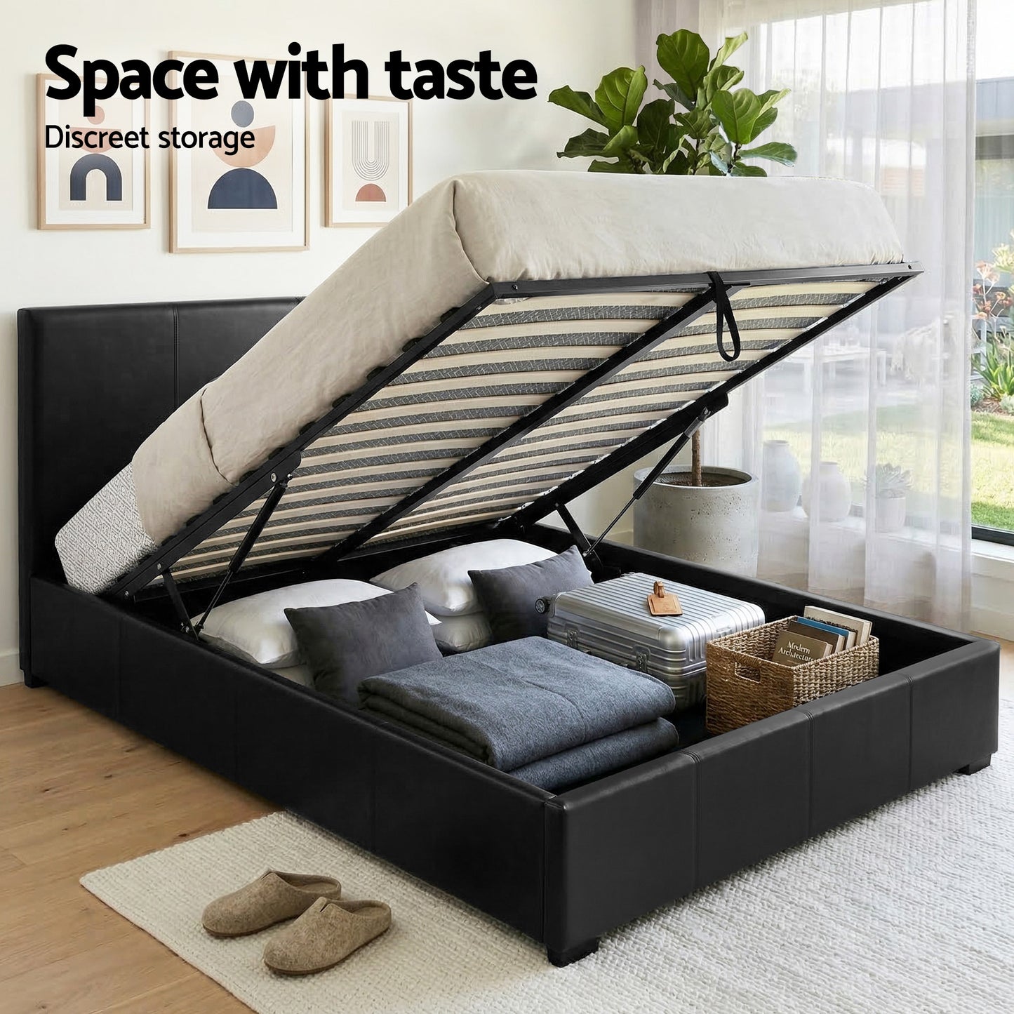 Gas Lift Queen Bed Frame with 2 Black Leather Bedside Tables
