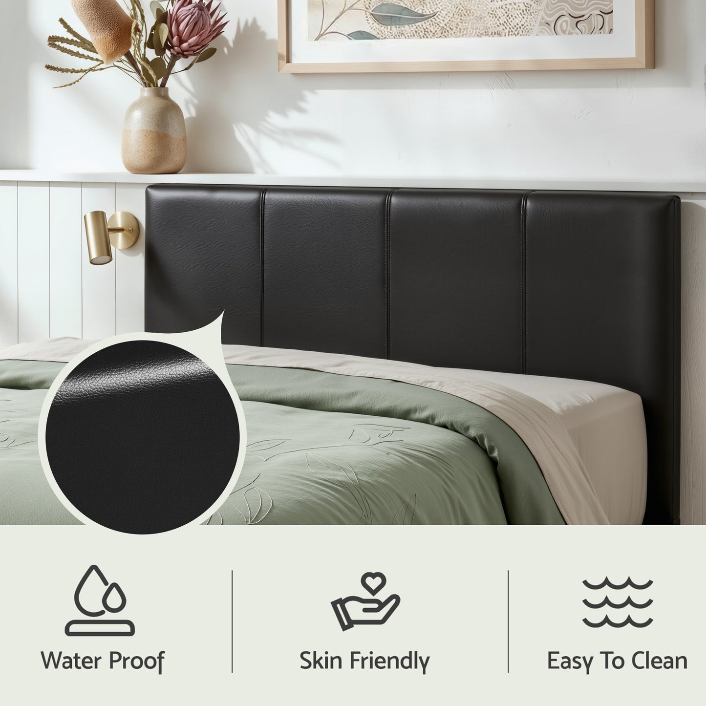 Gas Lift Queen Bed Frame with 2 Black Leather Bedside Tables