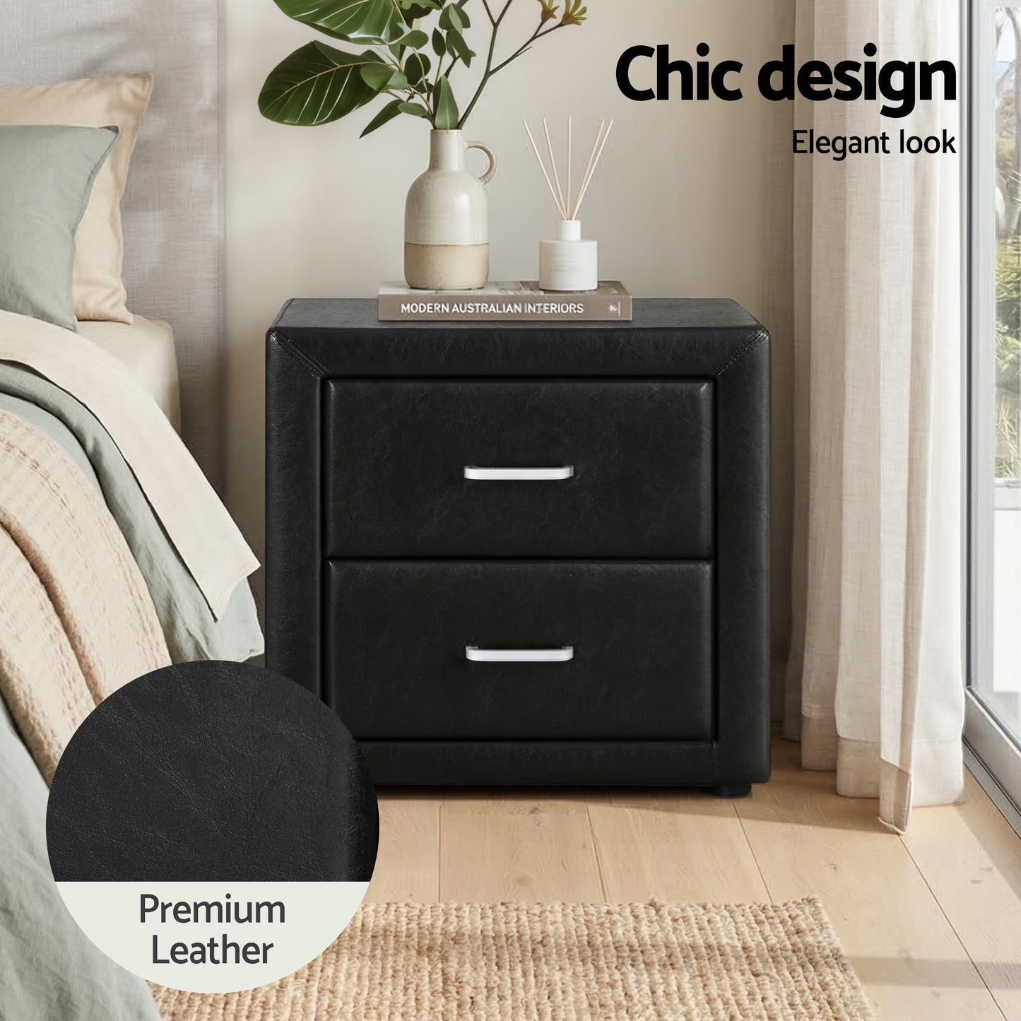 Gas Lift Queen Bed Frame with 2 Black Leather Bedside Tables