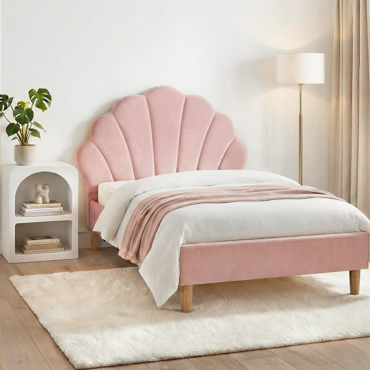TWSC Bed Frame King Single with Bedside Table Set Scallop Headboard Pink Velvet Fabric Beds Base