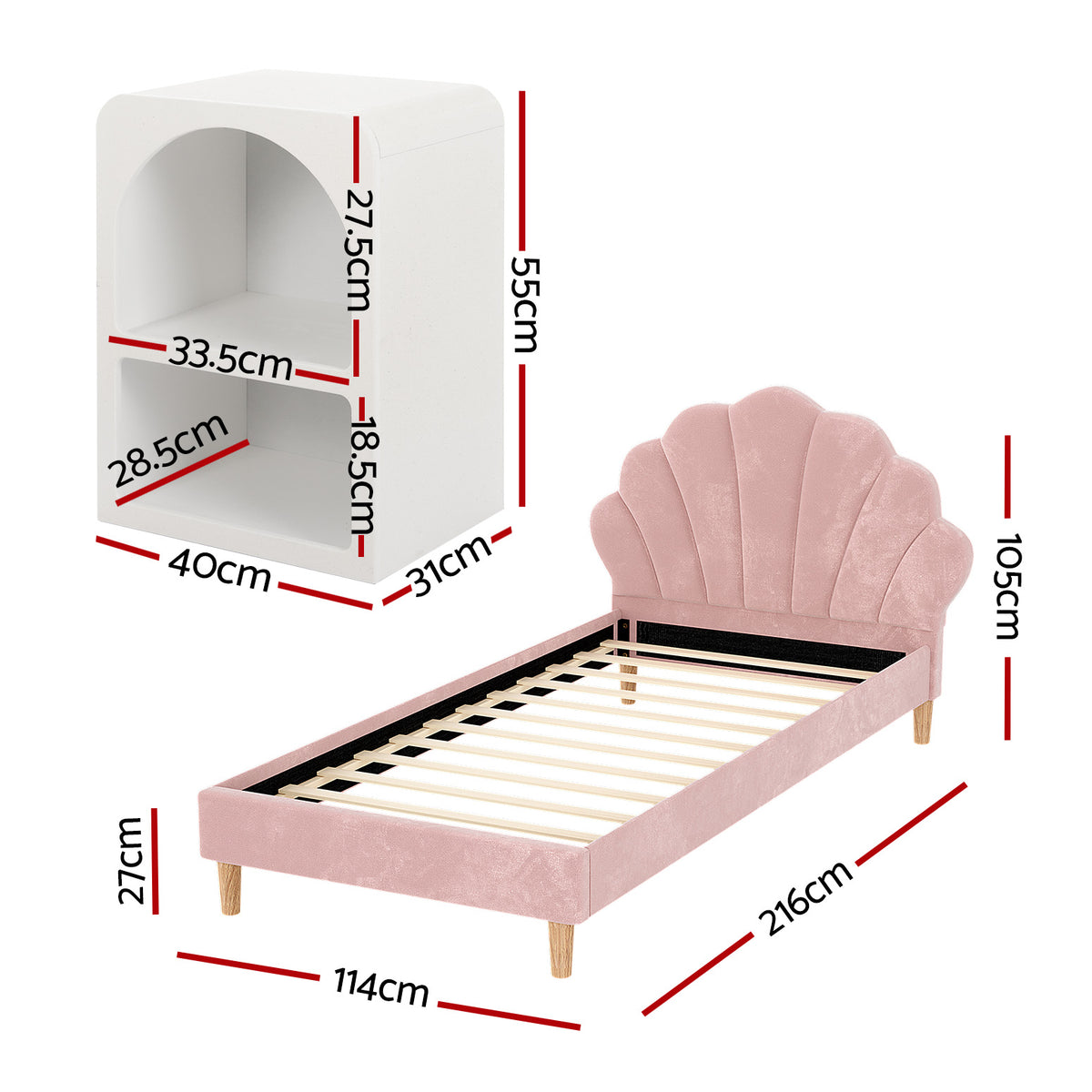 TWSC Bed Frame King Single with Bedside Table Set Scallop Headboard Pink Velvet Fabric Beds Base