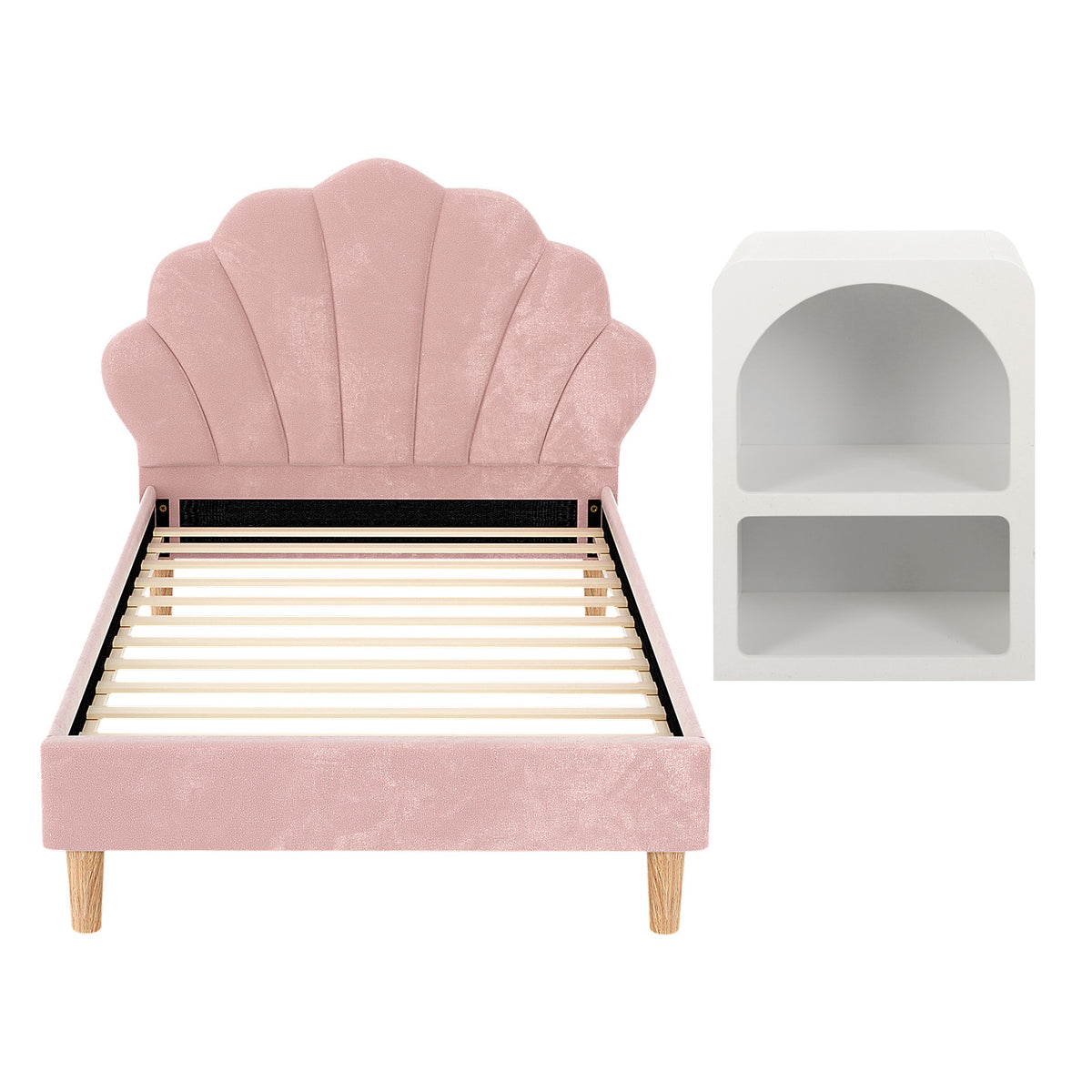 TWSC Bed Frame King Single with Bedside Table Set Scallop Headboard Pink Velvet Fabric Beds Base
