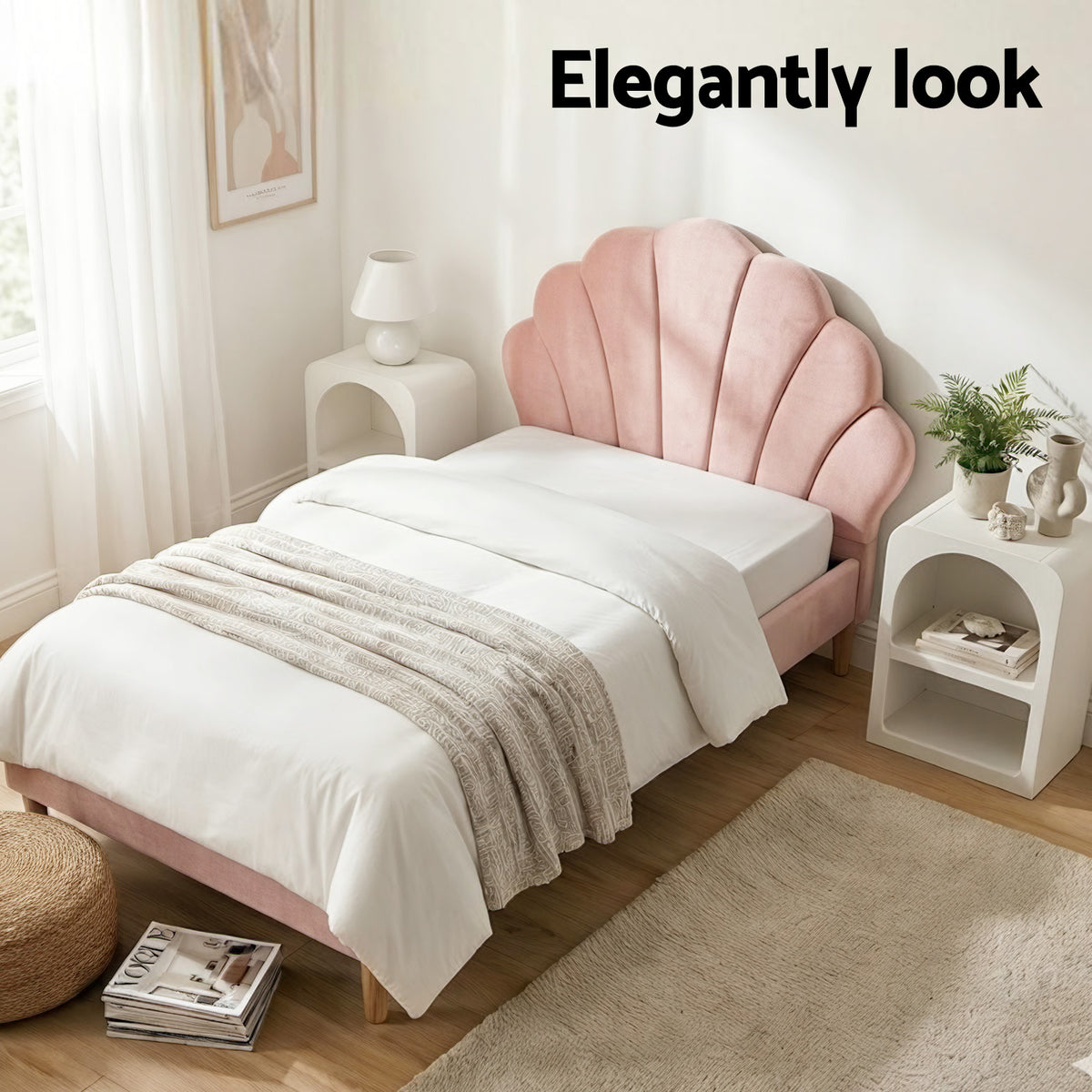 TWSC Bed Frame King Single with Bedside Table Set Scallop Headboard Pink Velvet Fabric Beds Base