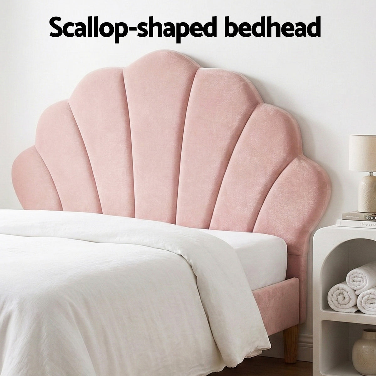 TWSC Bed Frame King Single with Bedside Table Set Scallop Headboard Pink Velvet Fabric Beds Base