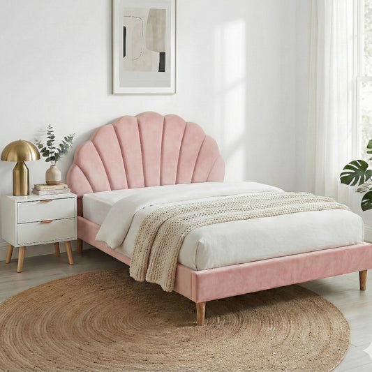 Double Bed Frame with Pink Velvet Scallop Headboard and White 2-Drawer Bedside Table