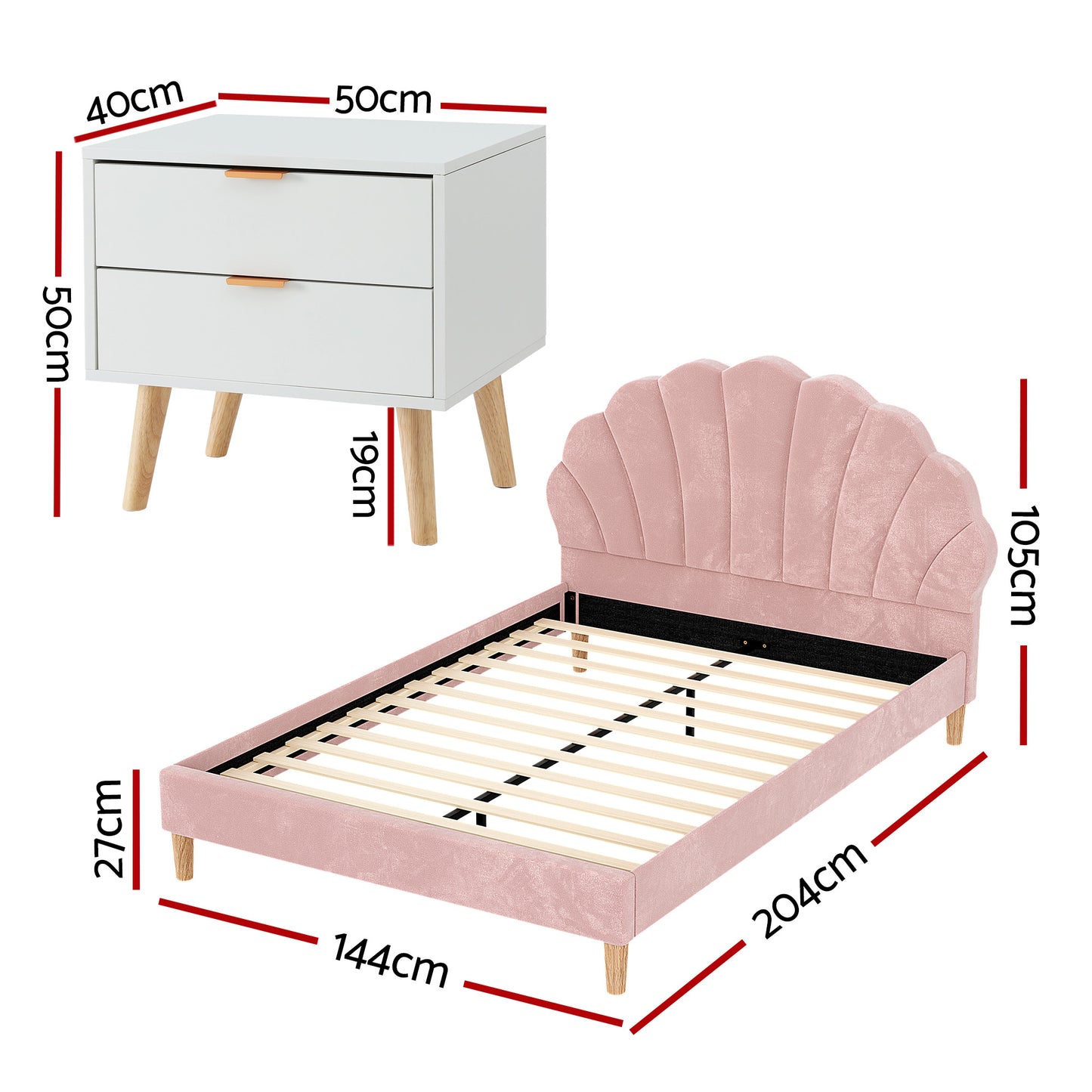 Double Bed Frame with Pink Velvet Scallop Headboard and White 2-Drawer Bedside Table