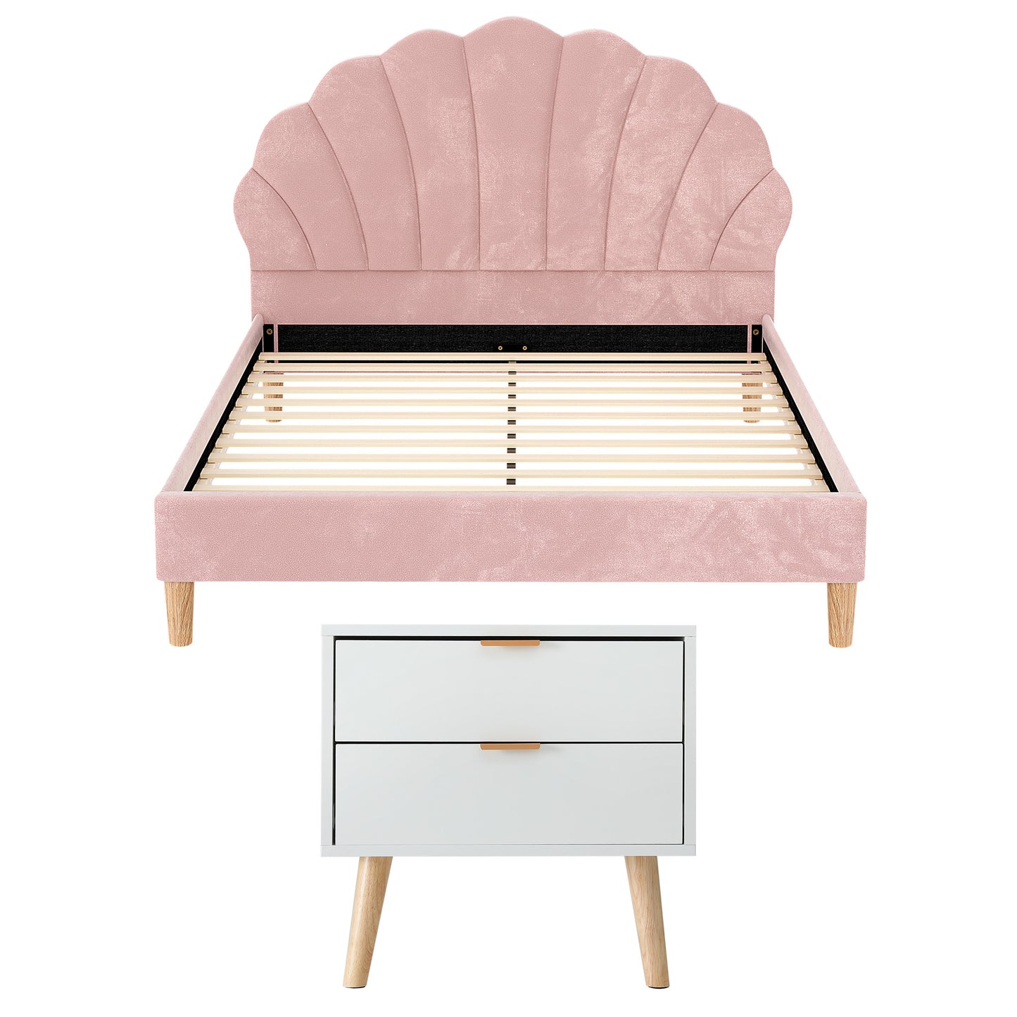 Double Bed Frame with Pink Velvet Scallop Headboard and White 2-Drawer Bedside Table
