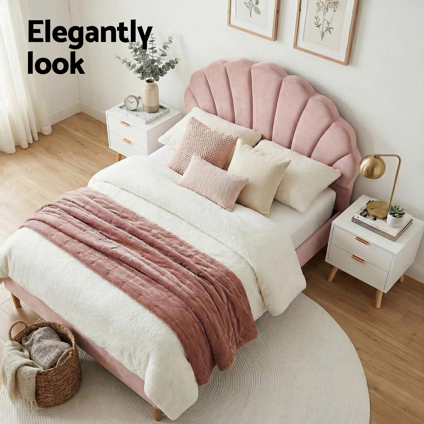 Double Bed Frame with Pink Velvet Scallop Headboard and White 2-Drawer Bedside Table