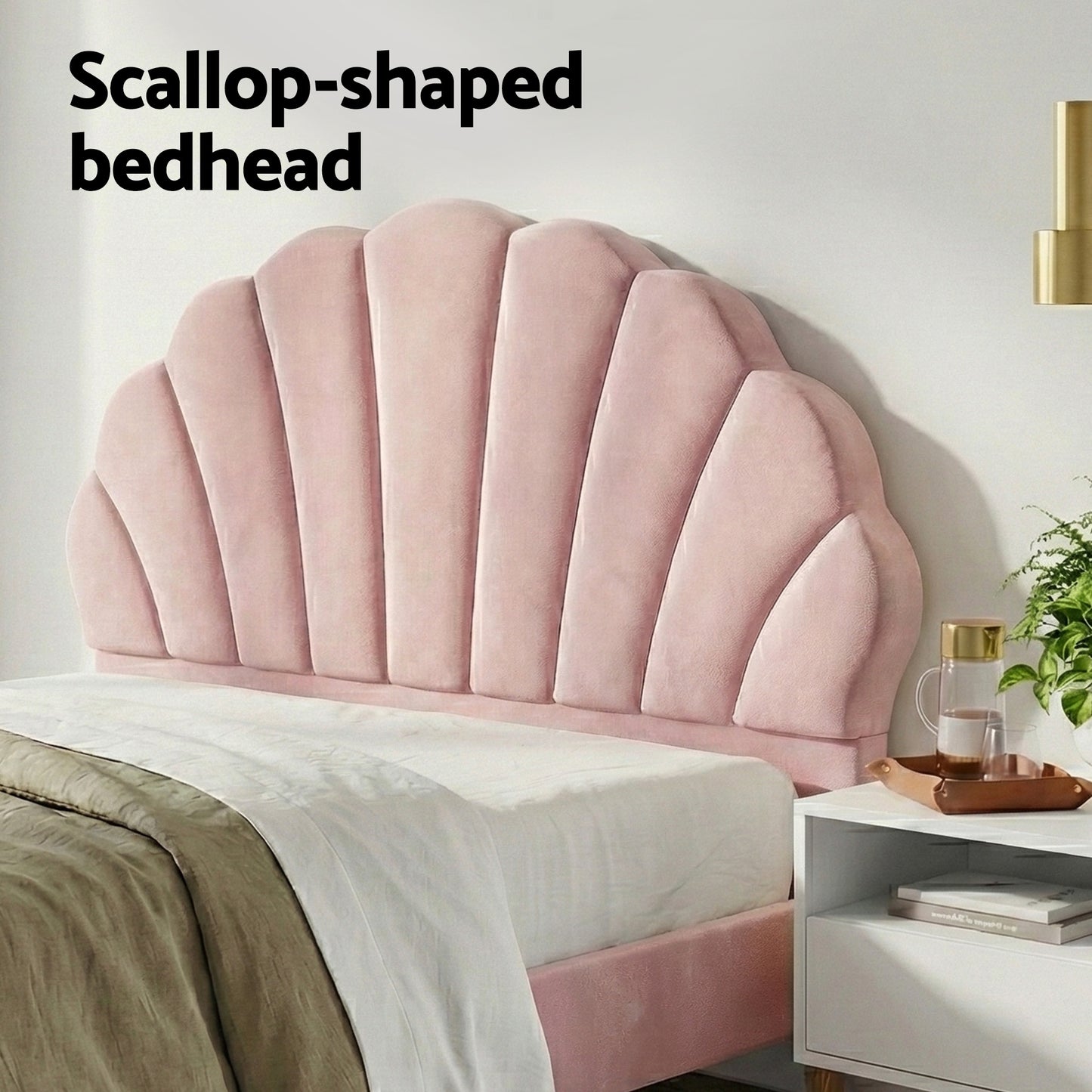 Double Bed Frame with Pink Velvet Scallop Headboard and White 2-Drawer Bedside Table