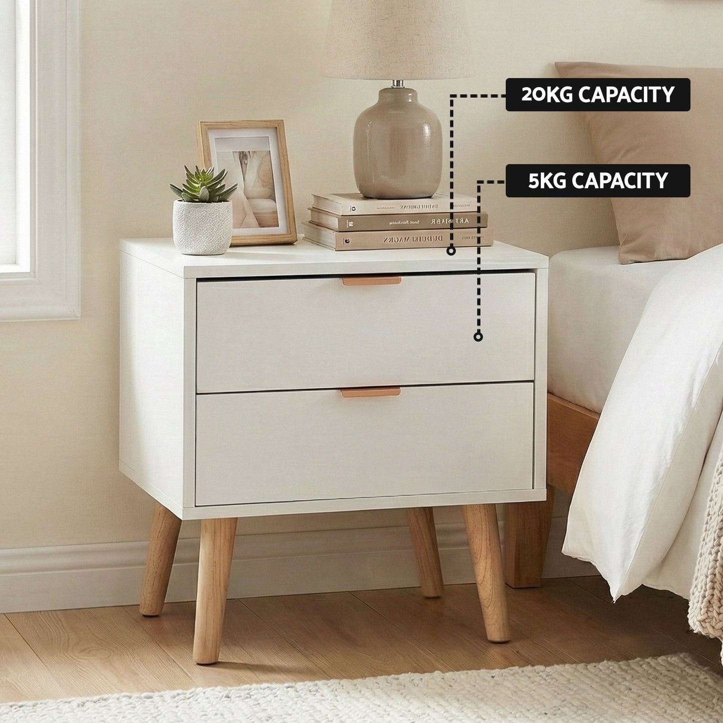 Double Bed Frame with Pink Velvet Scallop Headboard and White 2-Drawer Bedside Table