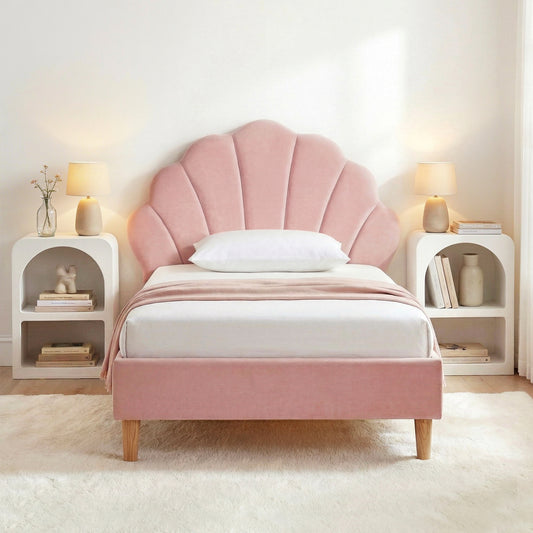 TWSC Bed Frame King Single with 2 Bedside Tables Set Scallop Headboard Pink Velvet Fabric Beds Base