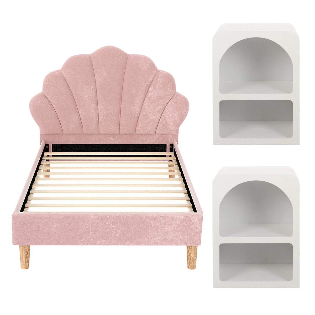 TWSC Bed Frame King Single with 2 Bedside Tables Set Scallop Headboard Pink Velvet Fabric Beds Base