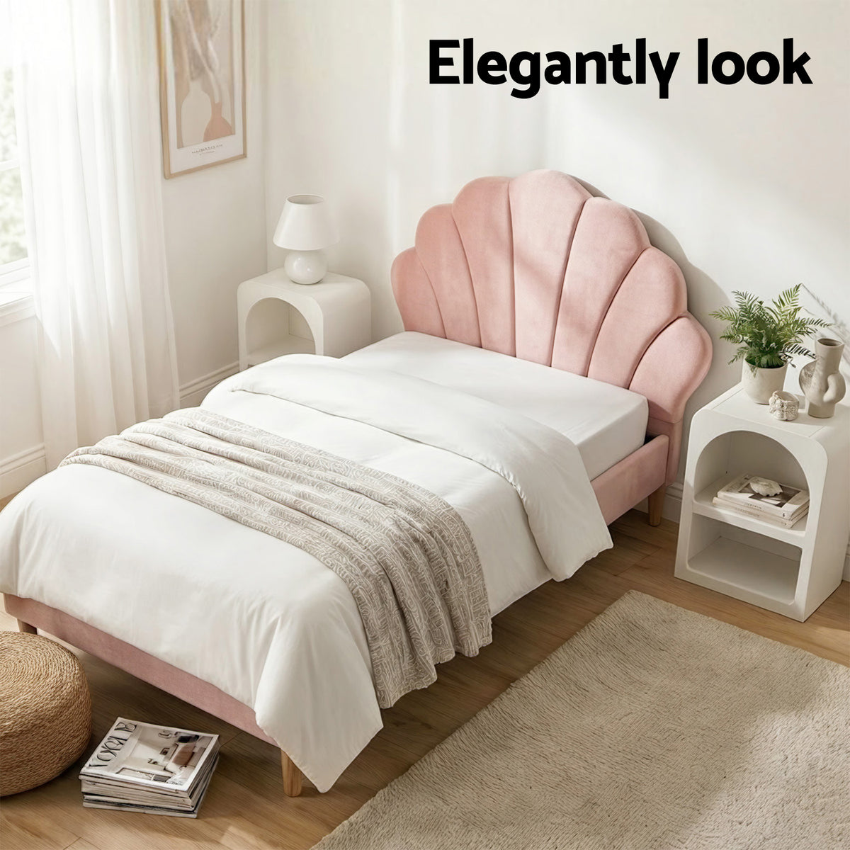 TWSC Bed Frame King Single with 2 Bedside Tables Set Scallop Headboard Pink Velvet Fabric Beds Base
