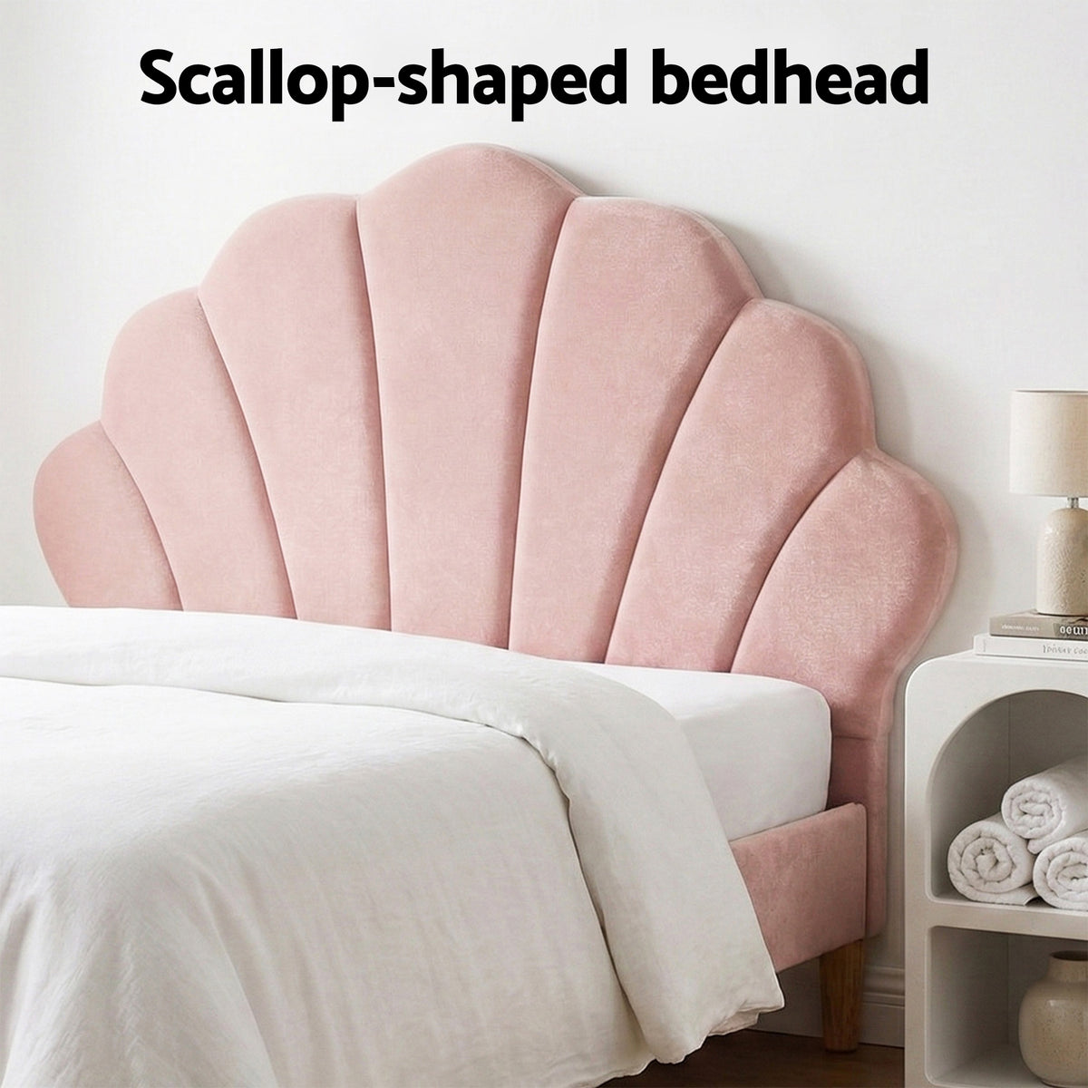 TWSC Bed Frame King Single with 2 Bedside Tables Set Scallop Headboard Pink Velvet Fabric Beds Base