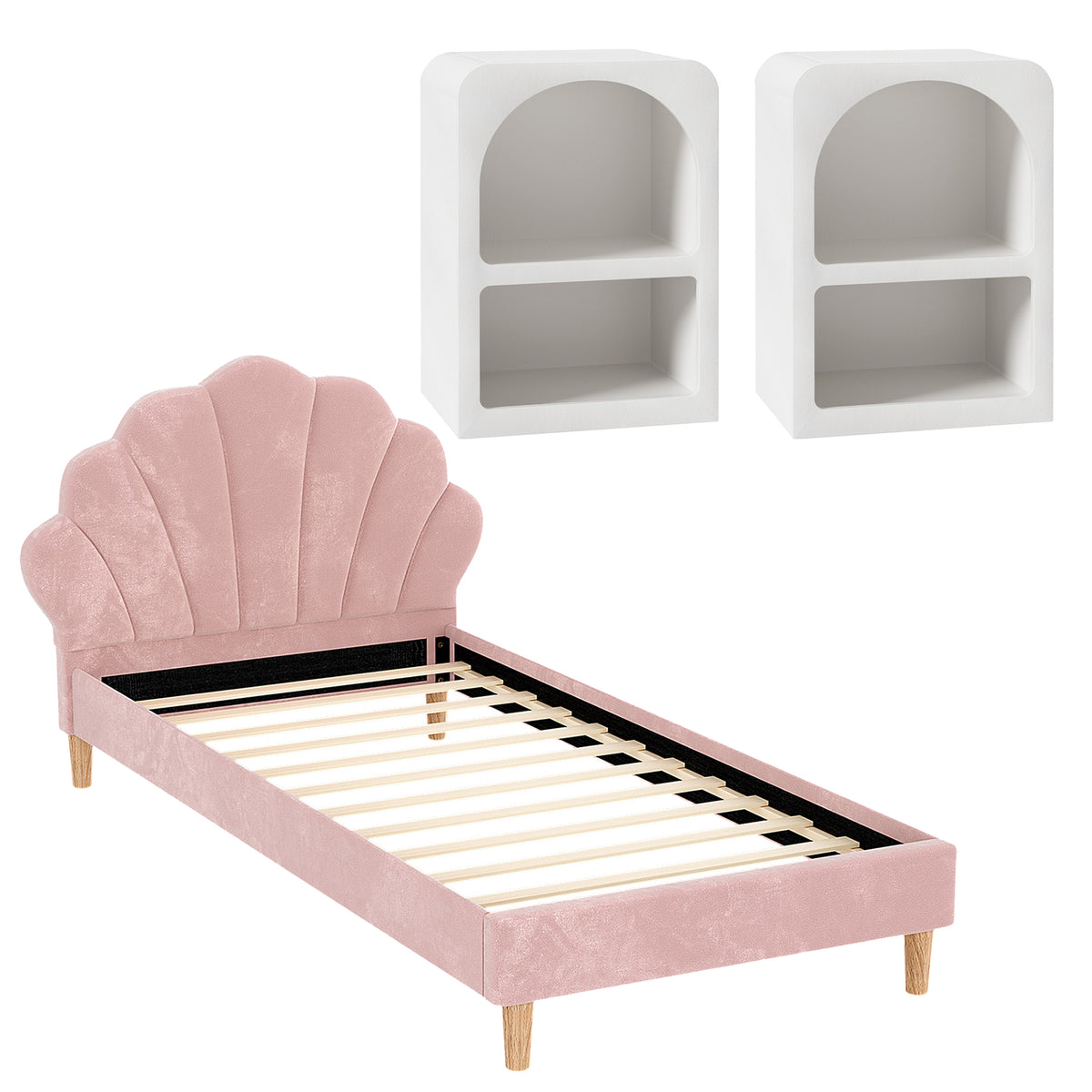 TWSC Bed Frame King Single with 2 Bedside Tables Set Scallop Headboard Pink Velvet Fabric Beds Base
