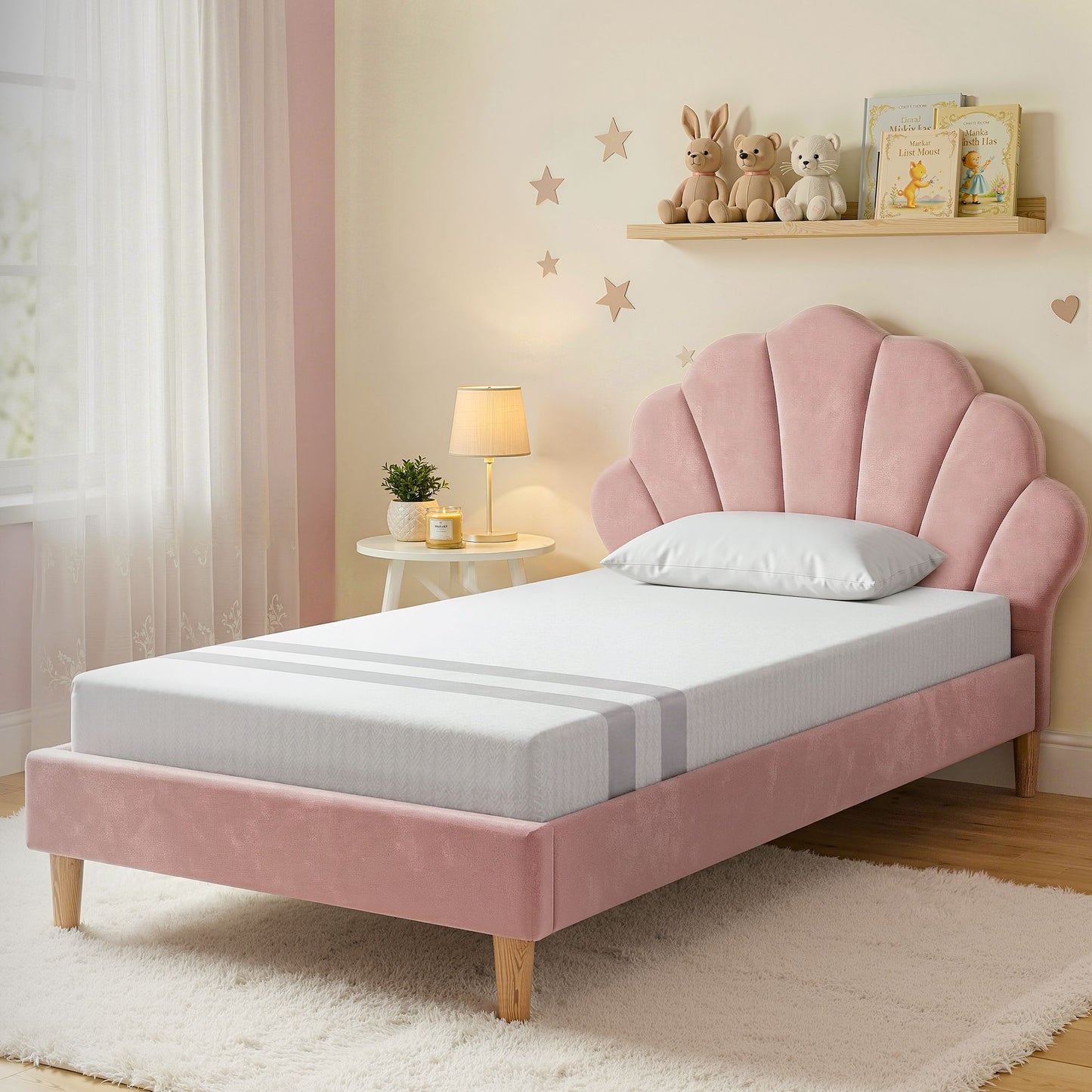 TWSC King Single Bed Frame BedStory Mattress Set Pink Velvet Scallop Bedhead with 20cm Mattress