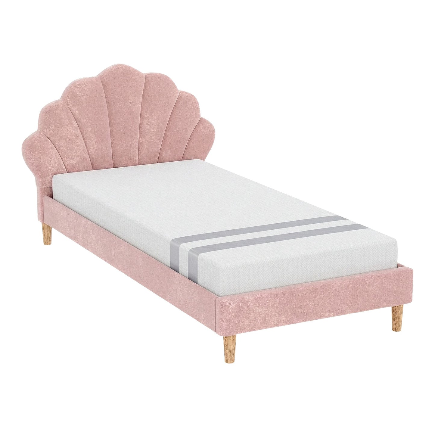 TWSC King Single Bed Frame BedStory Mattress Set Pink Velvet Scallop Bedhead with 20cm Mattress