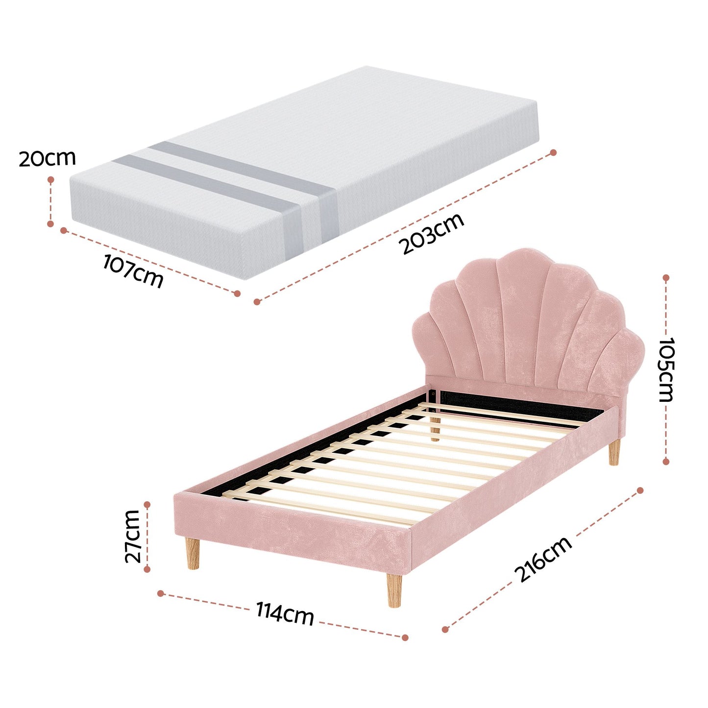 TWSC King Single Bed Frame BedStory Mattress Set Pink Velvet Scallop Bedhead with 20cm Mattress