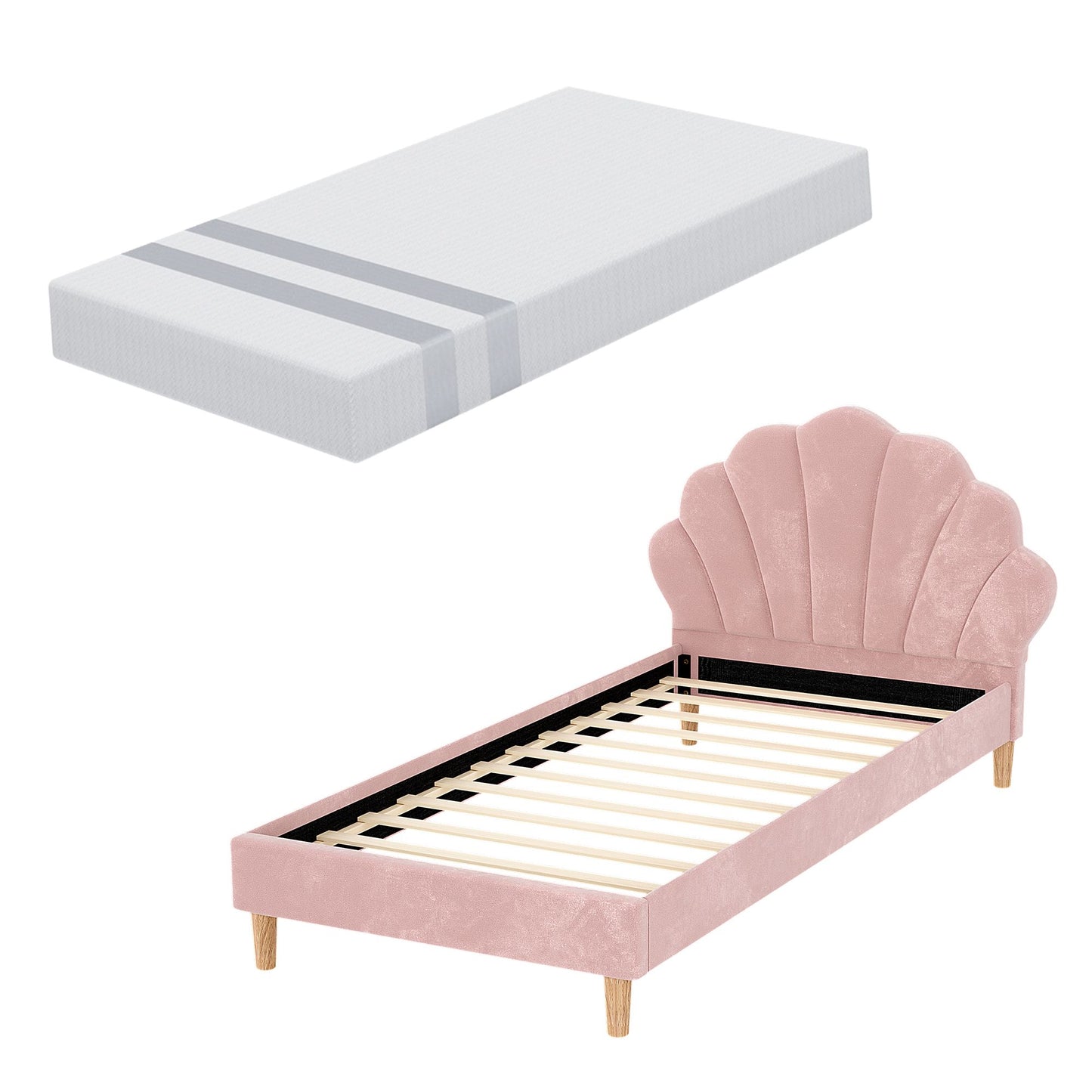 TWSC King Single Bed Frame BedStory Mattress Set Pink Velvet Scallop Bedhead with 20cm Mattress