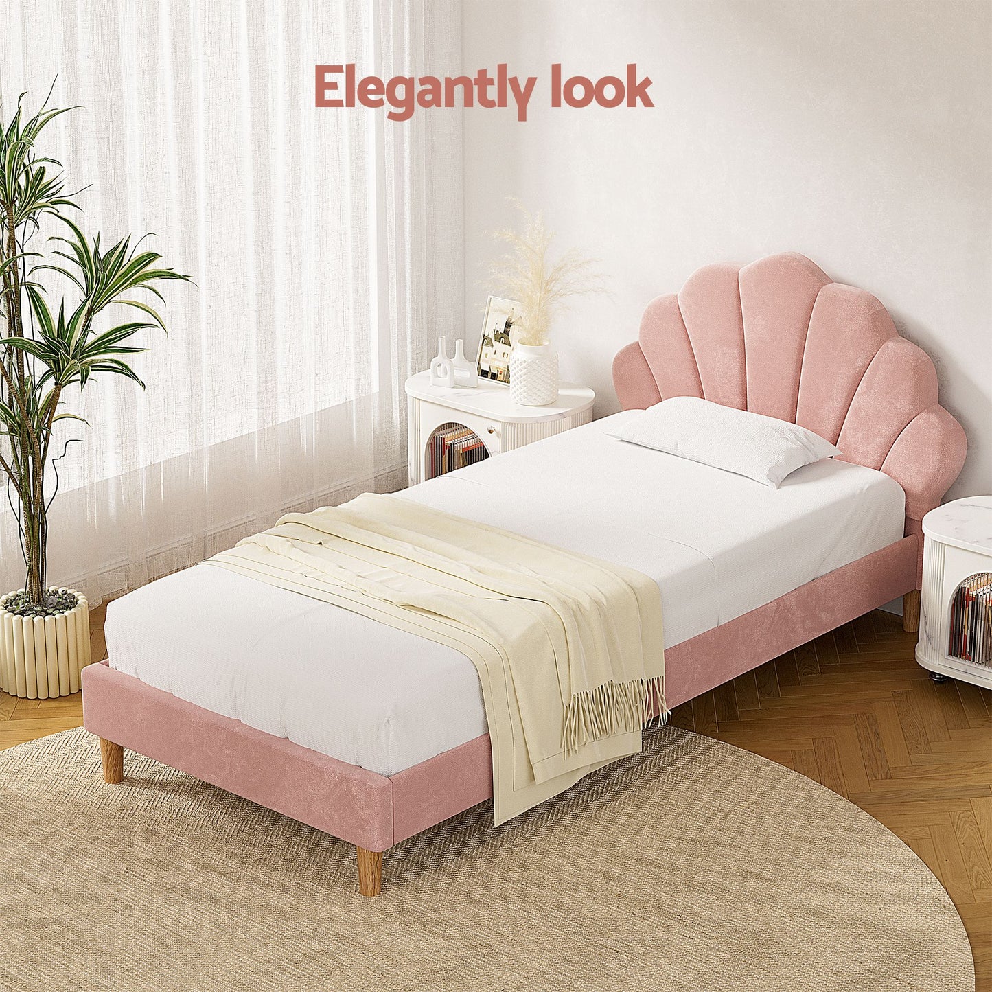 TWSC King Single Bed Frame BedStory Mattress Set Pink Velvet Scallop Bedhead with 20cm Mattress