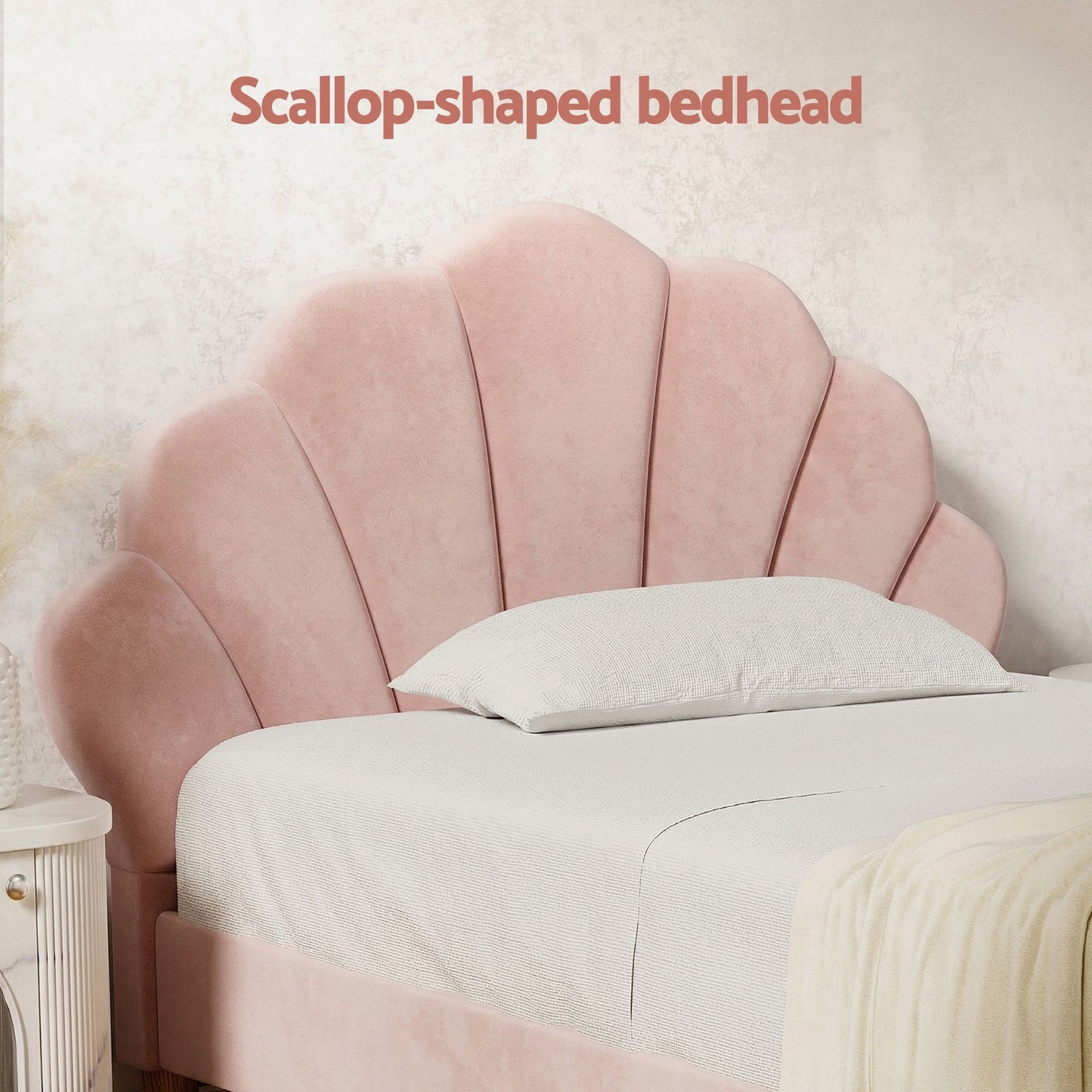 TWSC King Single Bed Frame BedStory Mattress Set Pink Velvet Scallop Bedhead with 20cm Mattress