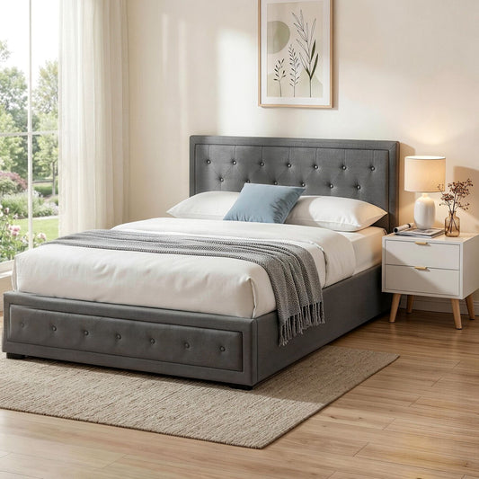 Upholstered Queen Gas Lift Storage Bed Frame with 2-Drawer Bedside Table Set, Grey Linen