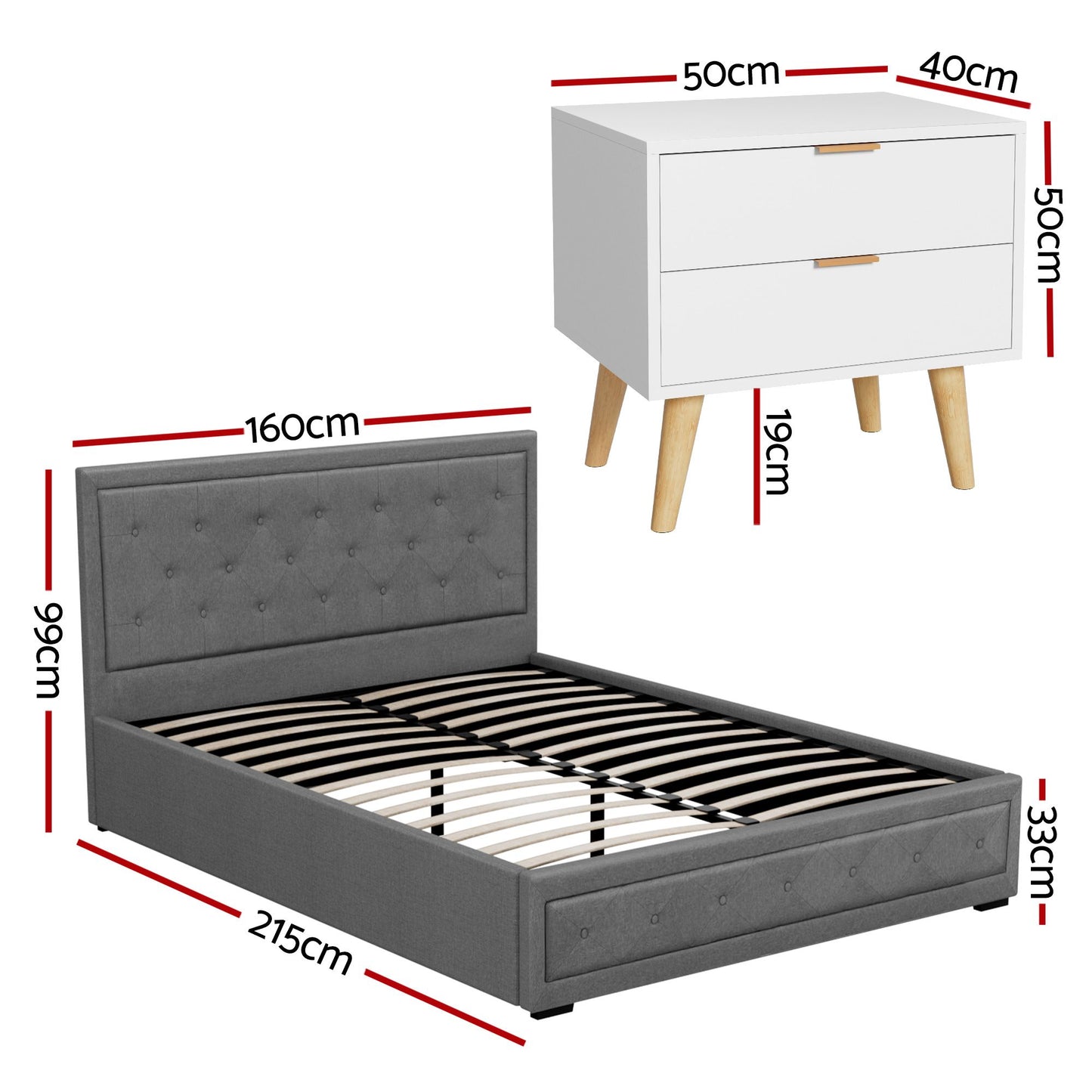 TWSC Upholstered Queen Gas Lift Storage Bed Frame with 2-Drawer Bedside Table Set