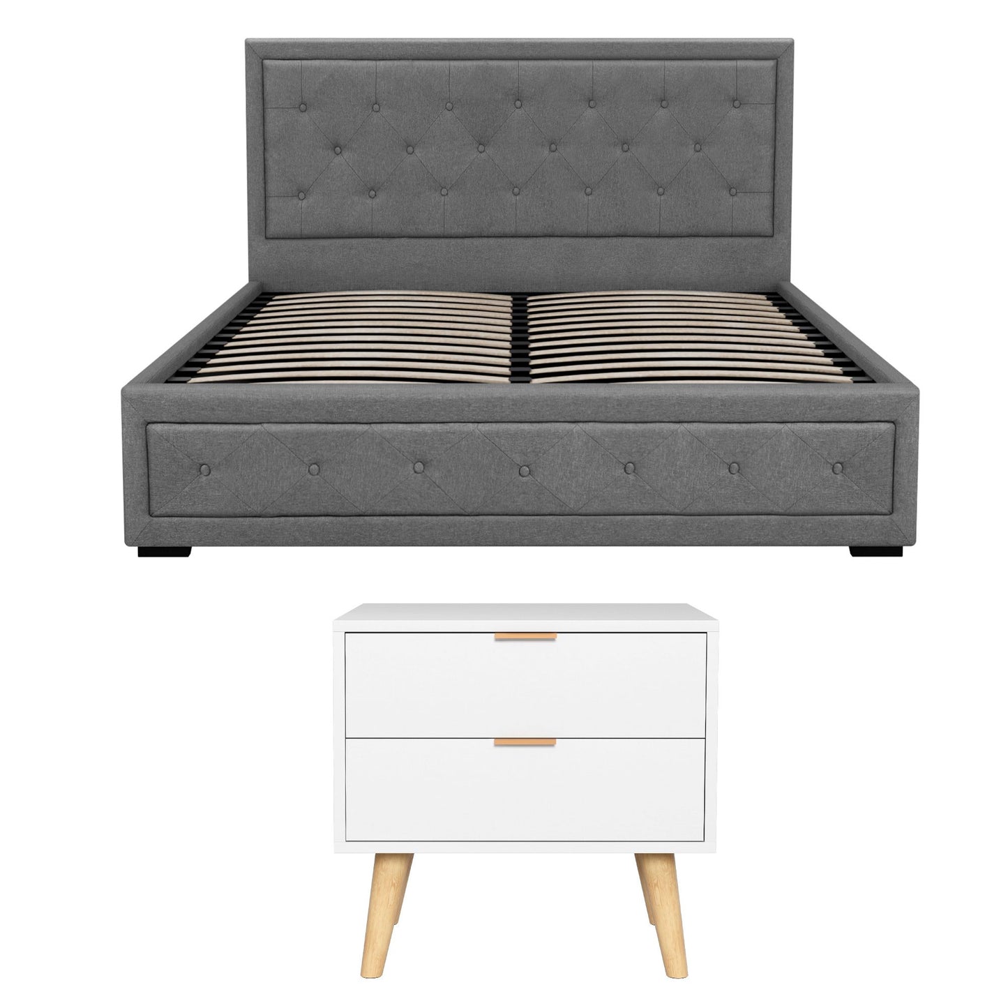 TWSC Upholstered Queen Gas Lift Storage Bed Frame with 2-Drawer Bedside Table Set
